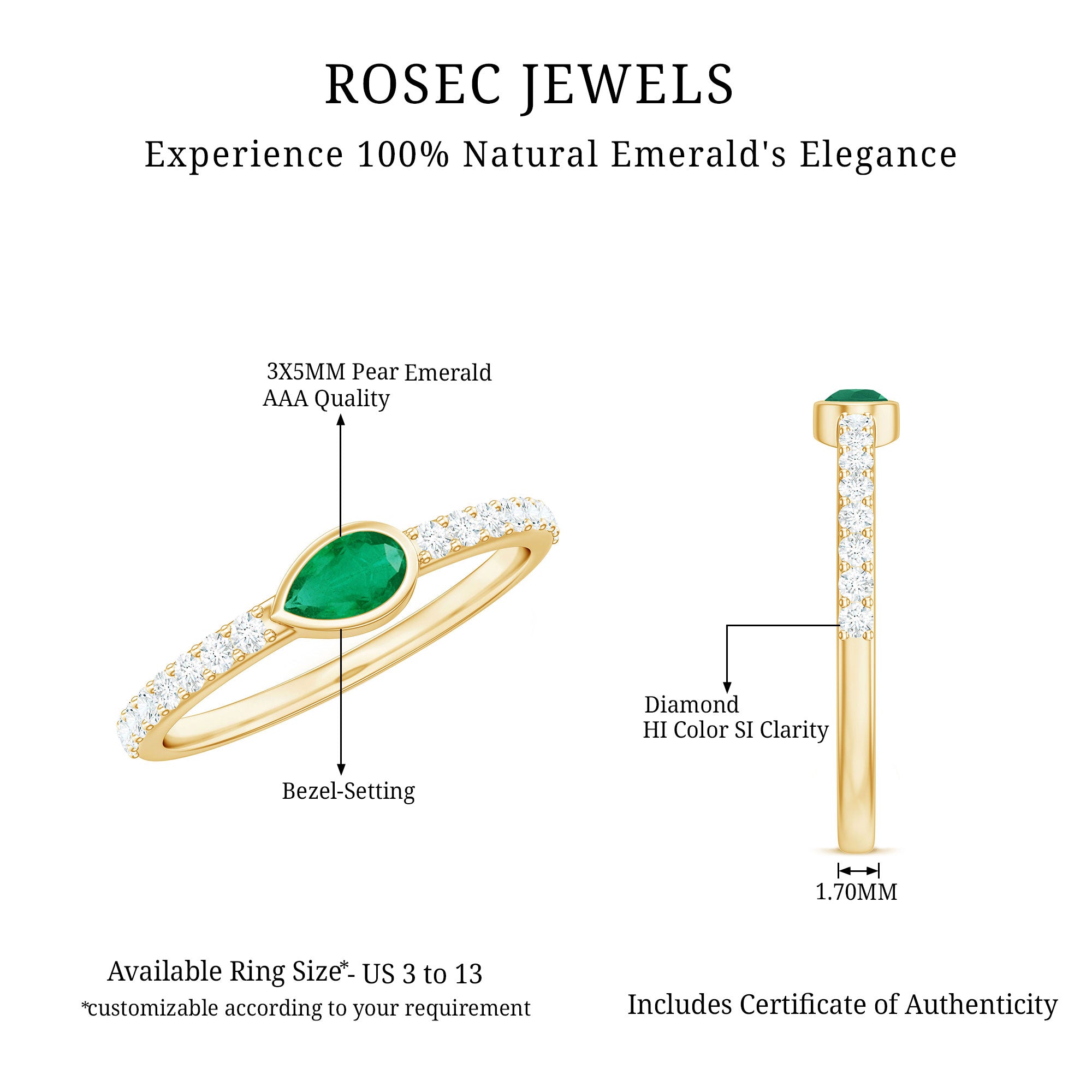 Rosec Jewels-Natural Pear Shape Emerald Diamond Promise Ring in Bezel Setting