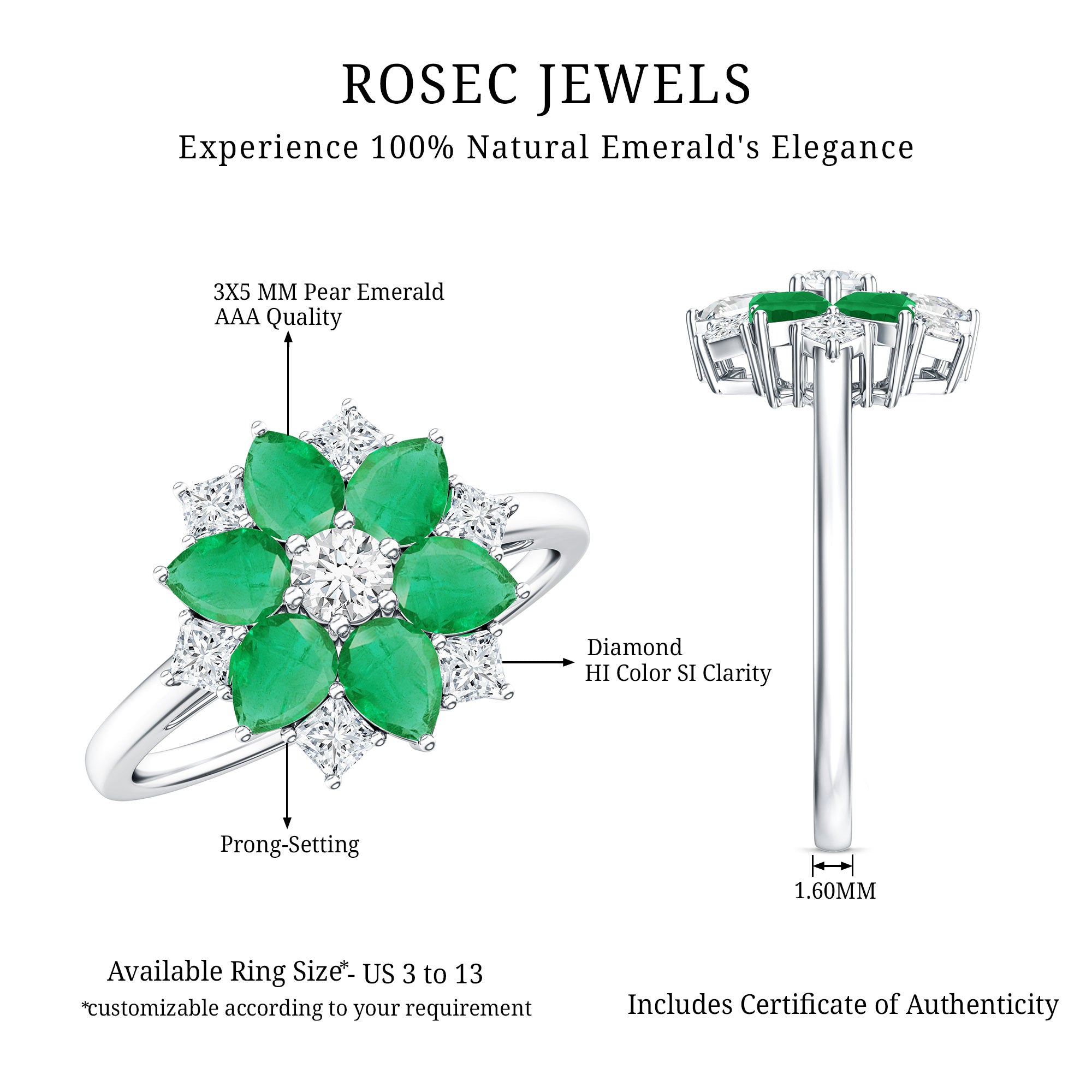 Genuine Emerald and Diamond Nature Inspired Statement Ring AAA - Rosec Jewels