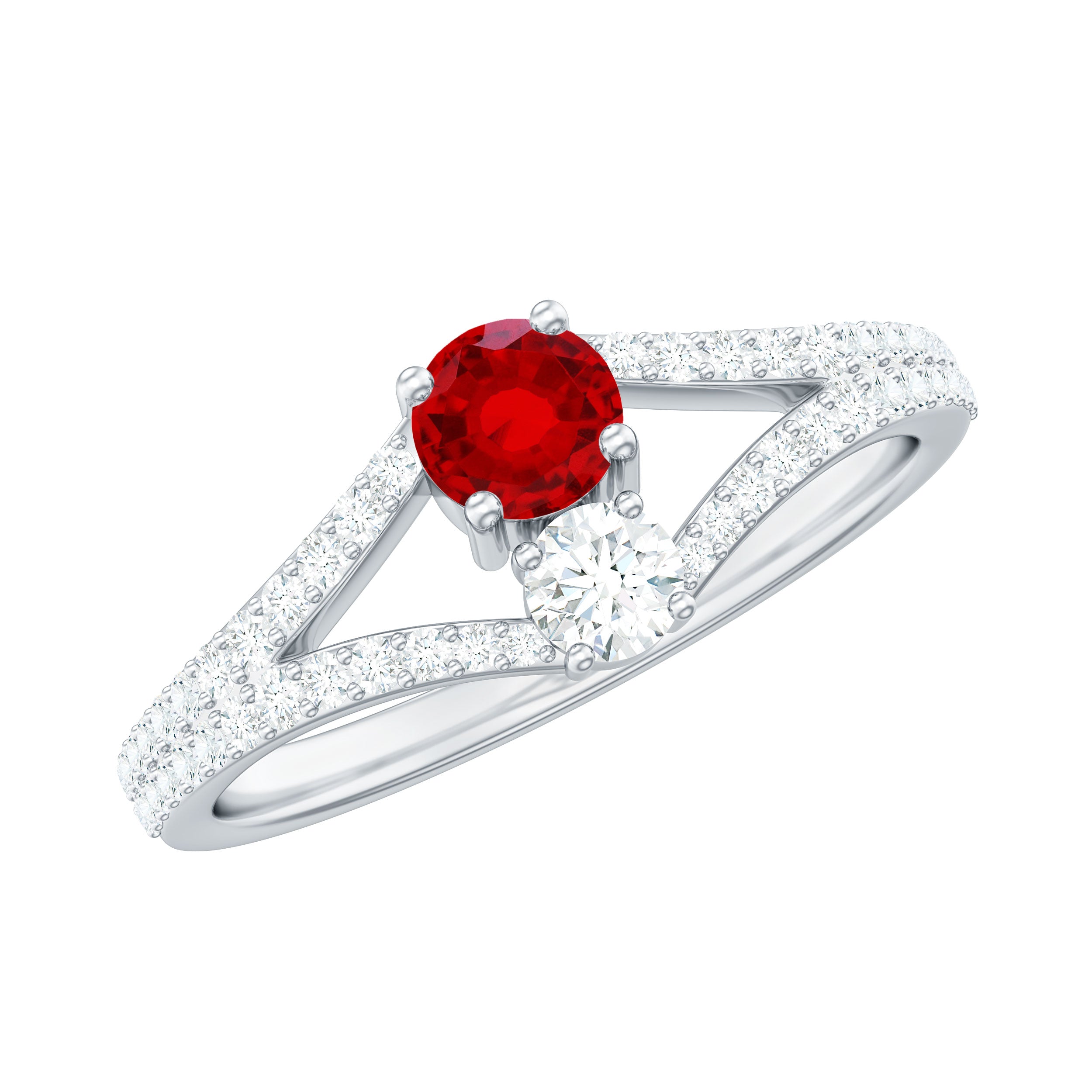 Created Ruby and Diamond Two Stone Split Shank Engagement Ring