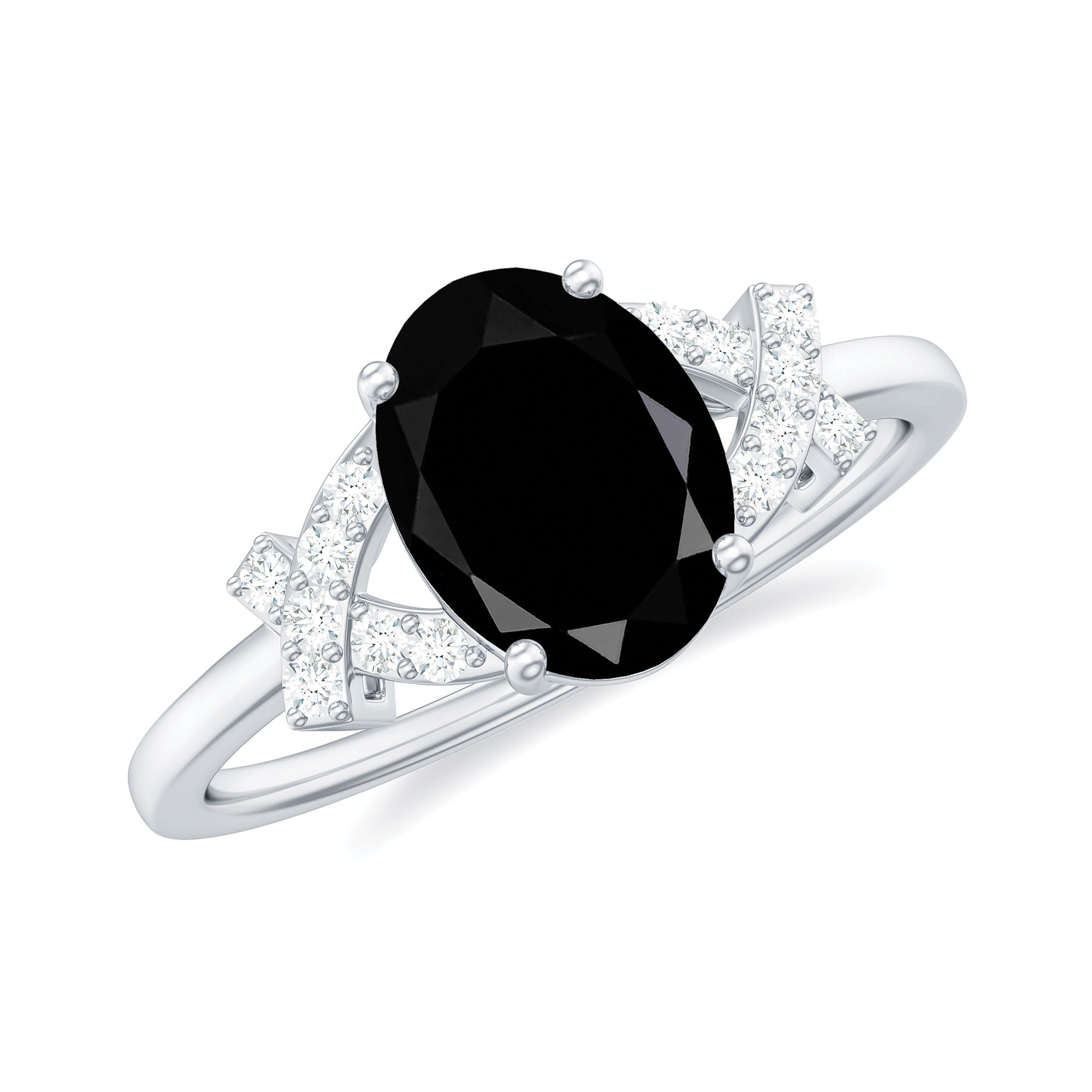 Oval Created Black Diamond Solitaire Ring with Diamond in Split Shank