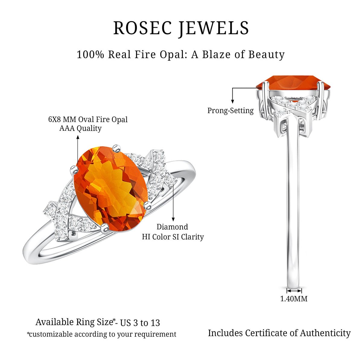 1 Carat Oval Fire Opal and Diamond Engagement Ring with Split Shank AAA - Rosec Jewels