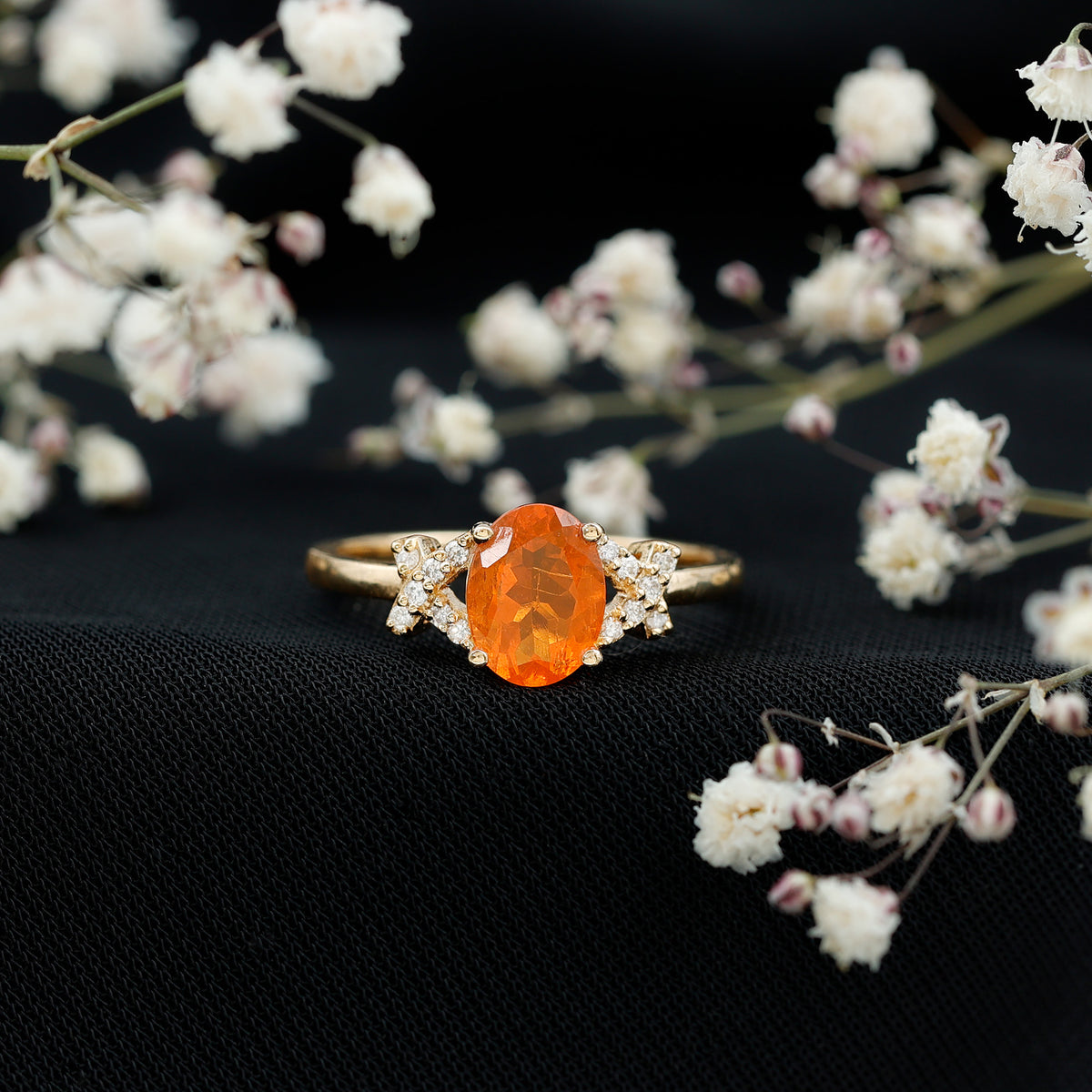 1 Carat Oval Fire Opal and Diamond Engagement Ring with Split Shank AAA - Rosec Jewels