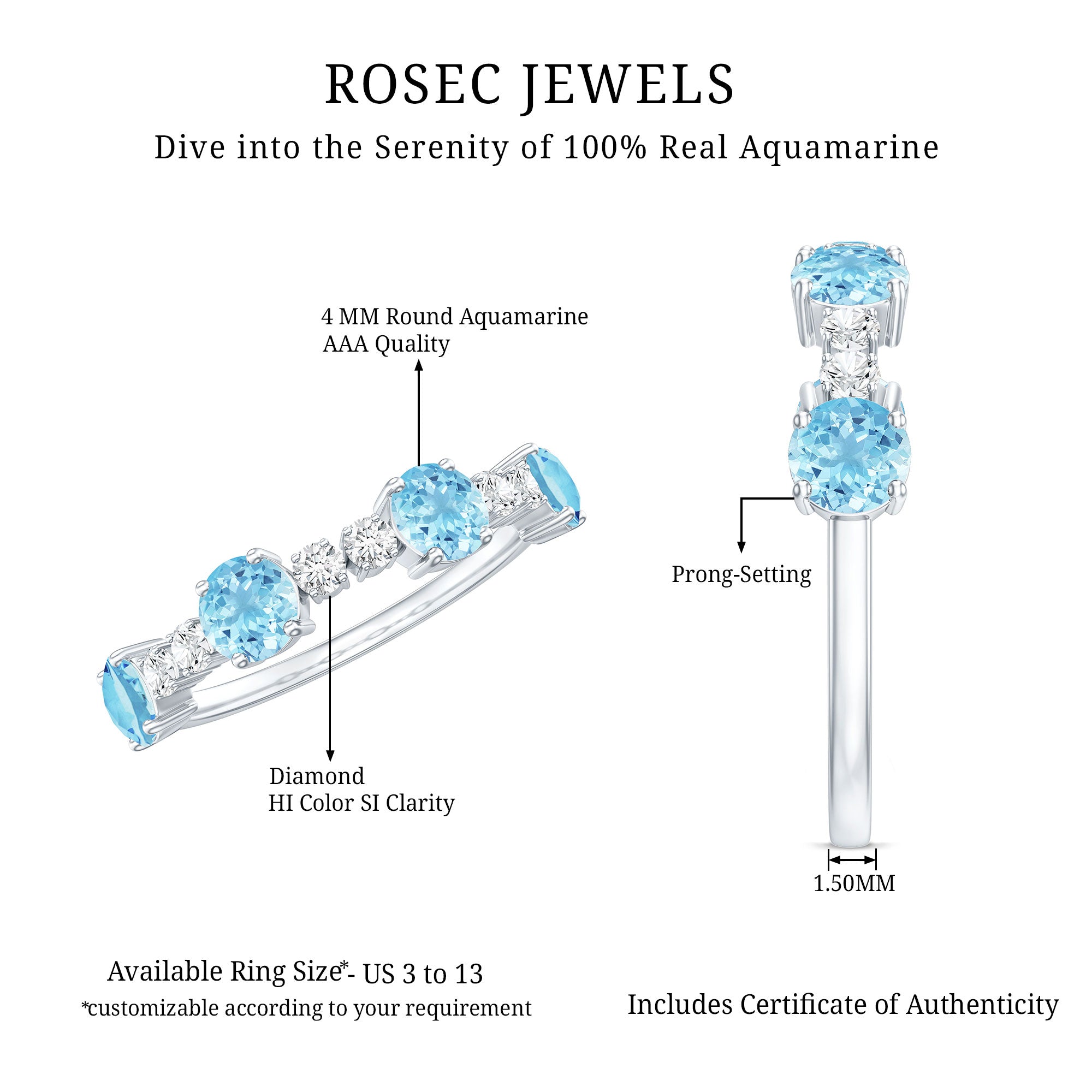 Genuine Aquamarine and Diamond Half Eternity Ring in Prong Setting AAA - Rosec Jewels