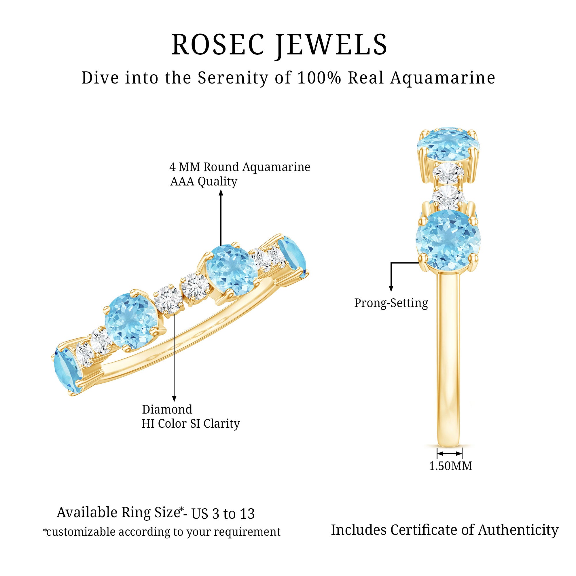 Genuine Aquamarine and Diamond Half Eternity Ring in Prong Setting AAA - Rosec Jewels