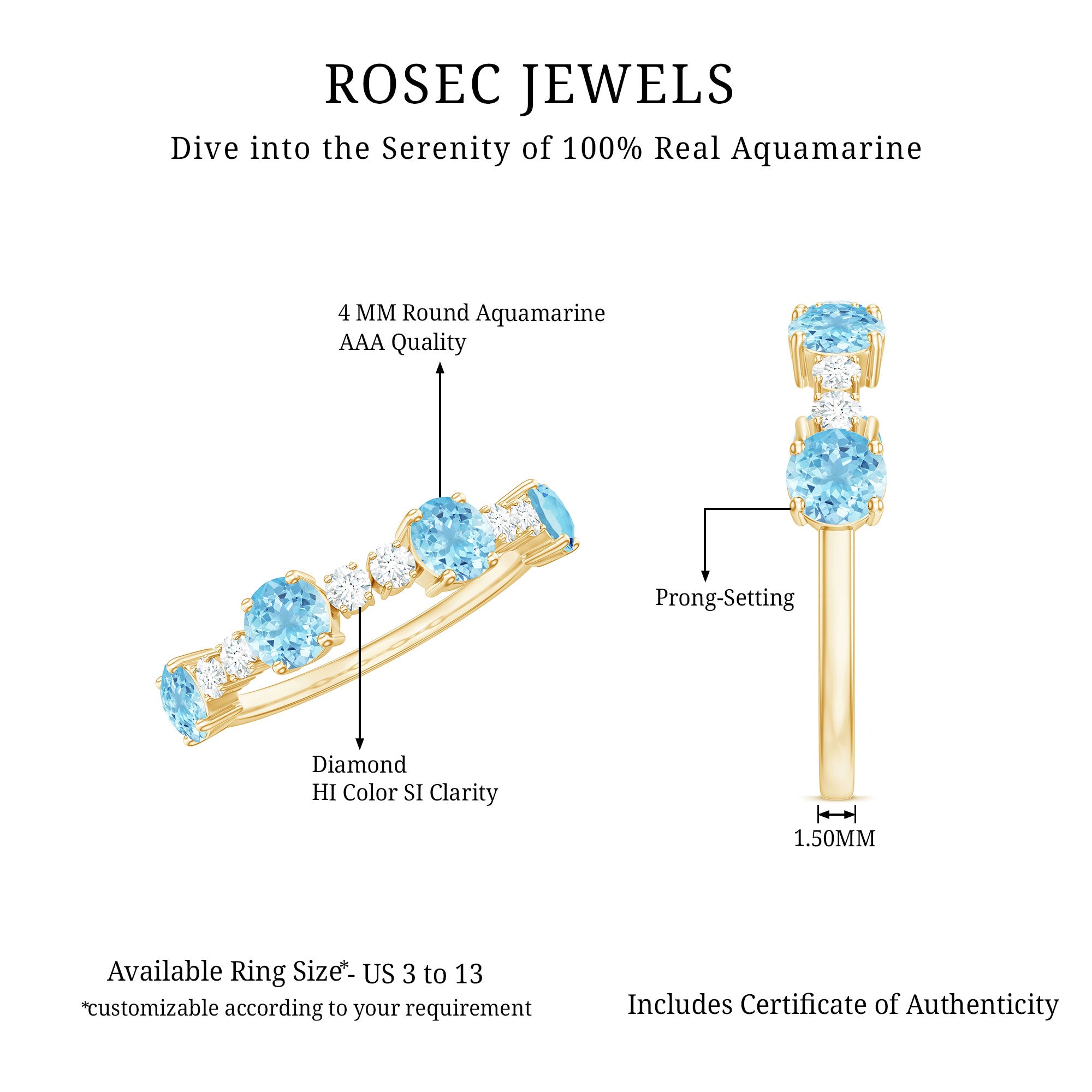 Rosec Jewels-Genuine Aquamarine and Diamond Half Eternity Ring in Prong Setting