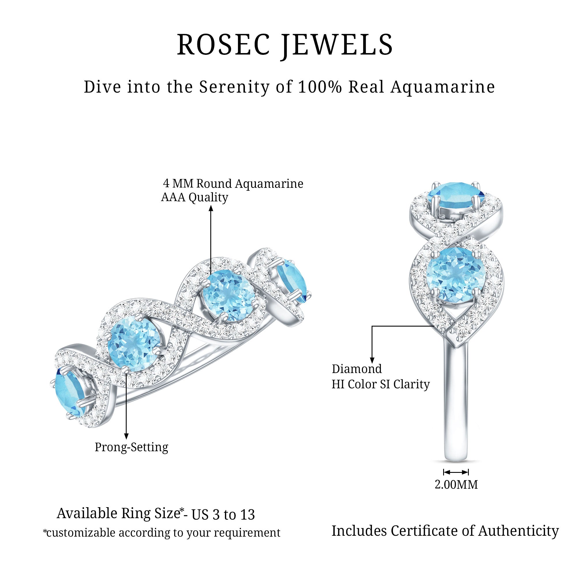Braided Half Eternity Ring with Genuine Aquamarine and Diamond AAA - Rosec Jewels