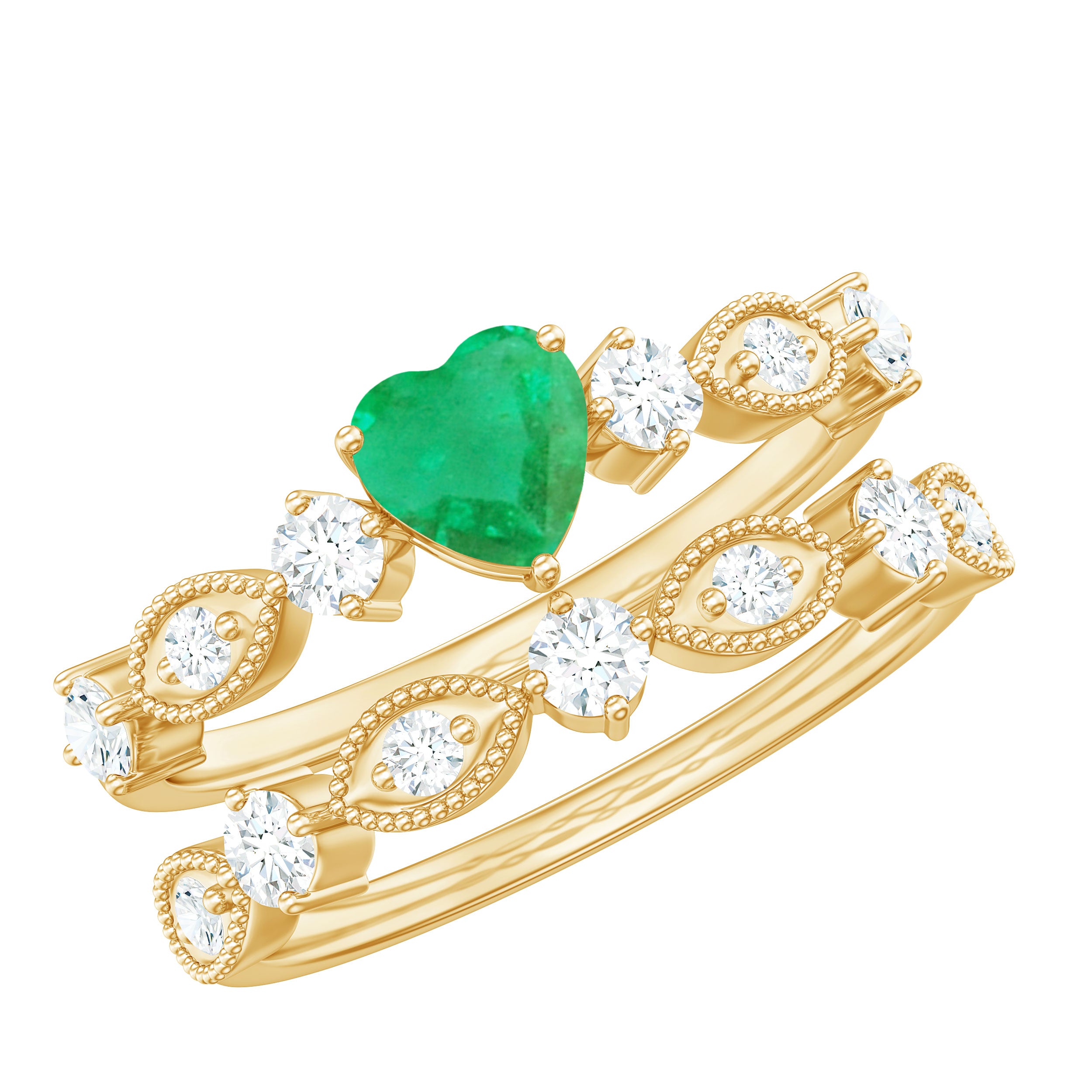 Natural Emerald Heart Shaped Engagement Ring and Diamond Wedding Band AAA - Rosec Jewels