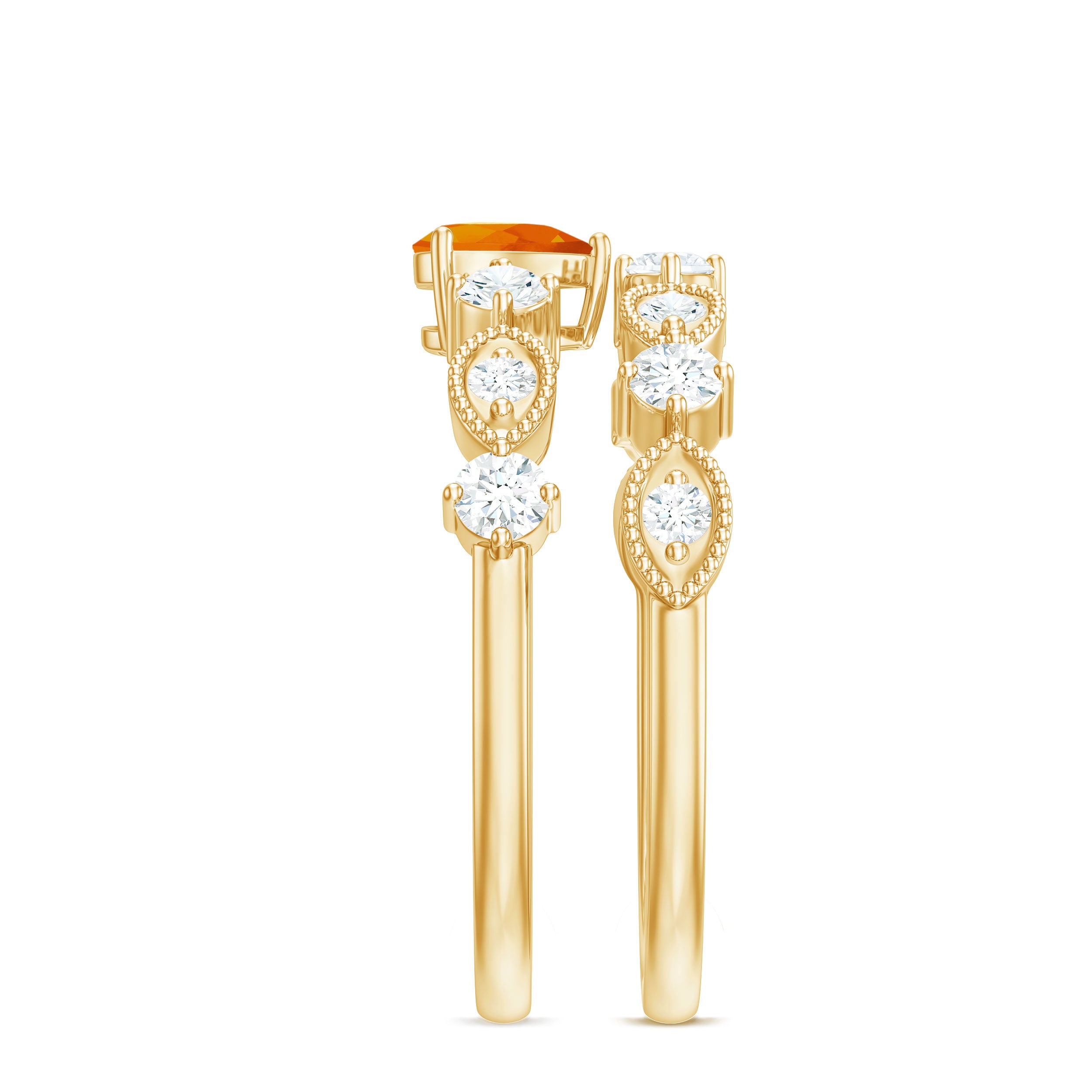 Vintage Inspired Fire Opal and Diamond Wedding Ring Set AAA - Rosec Jewels
