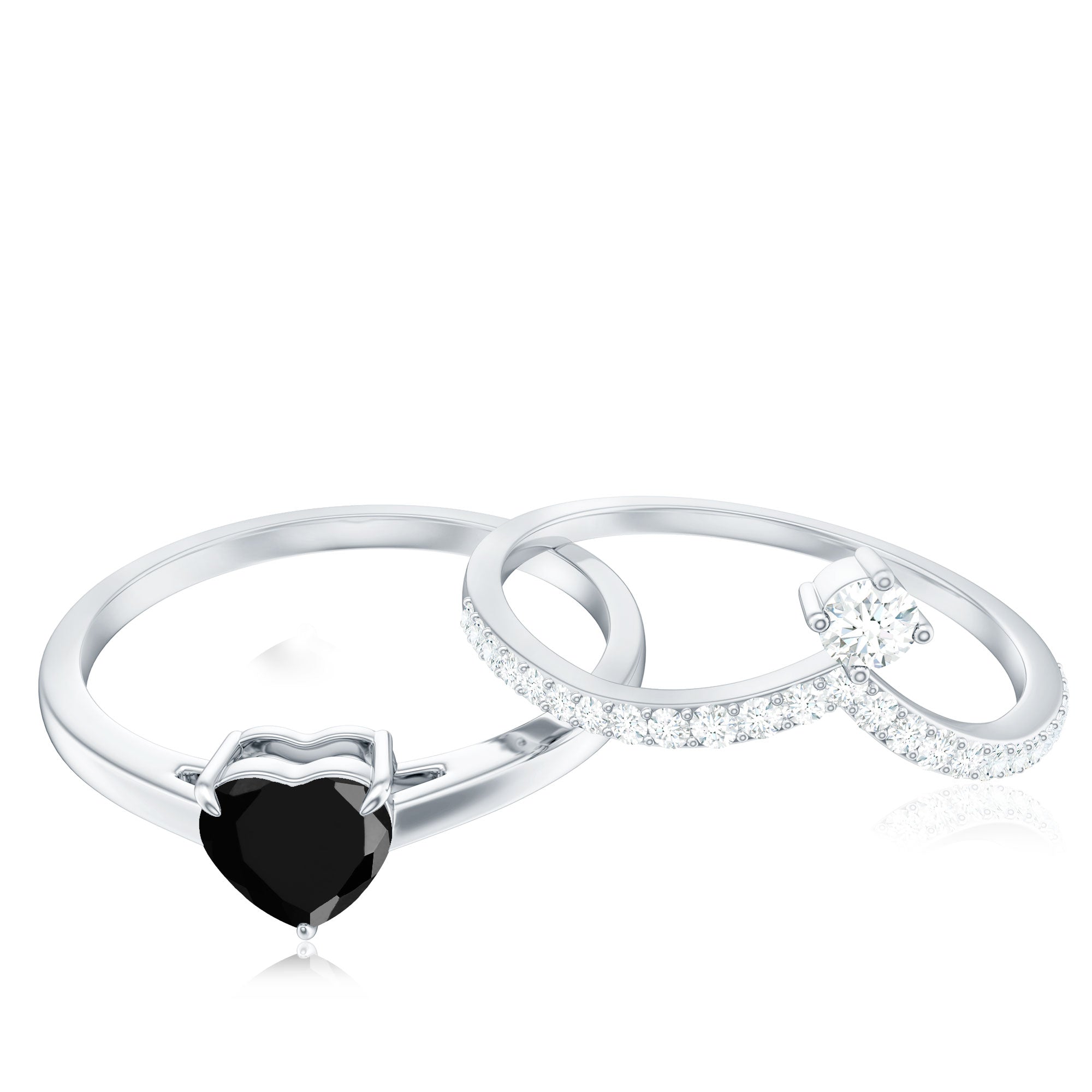 Heart Shape Created Black Diamond Solitaire Ring Set with Diamond AAAA ( Synthetic ) - Rosec Jewels