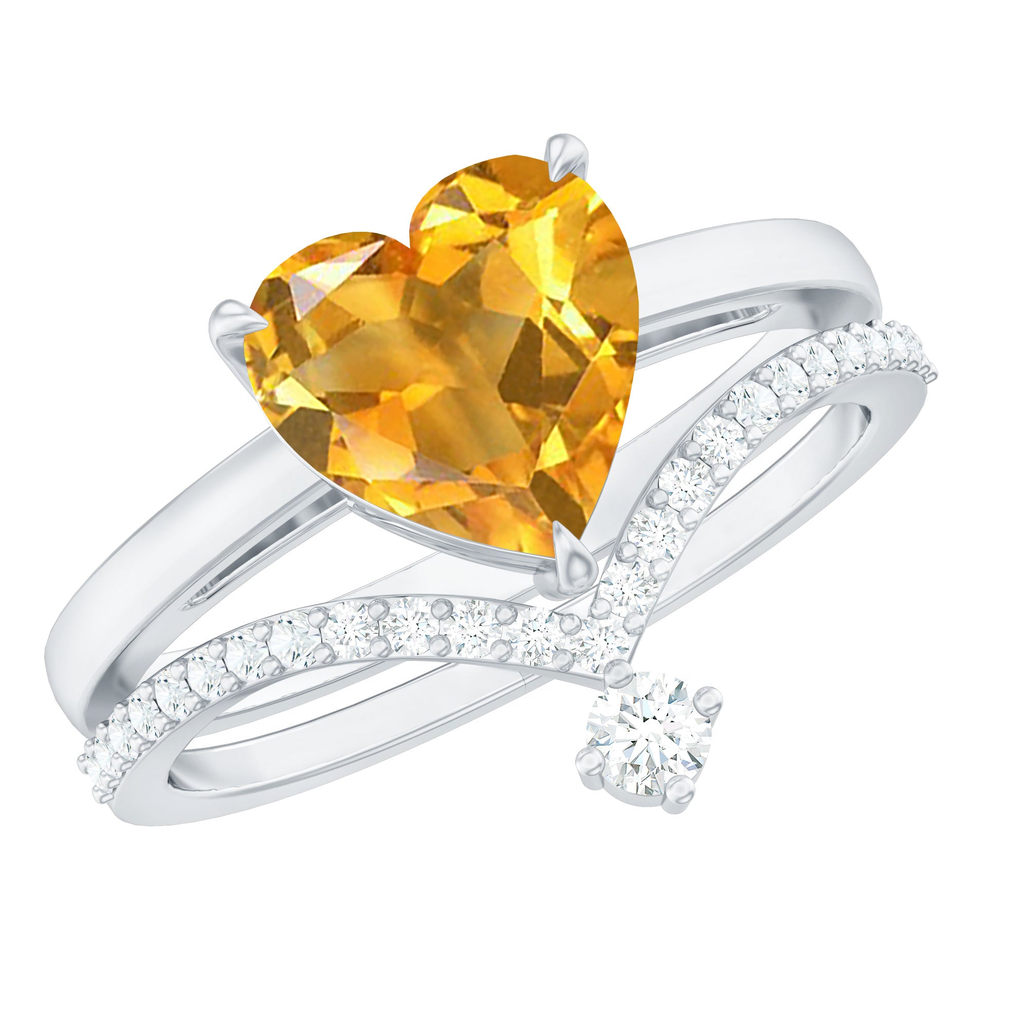 Heart Citrine Solitaire Ring Set with Diamond