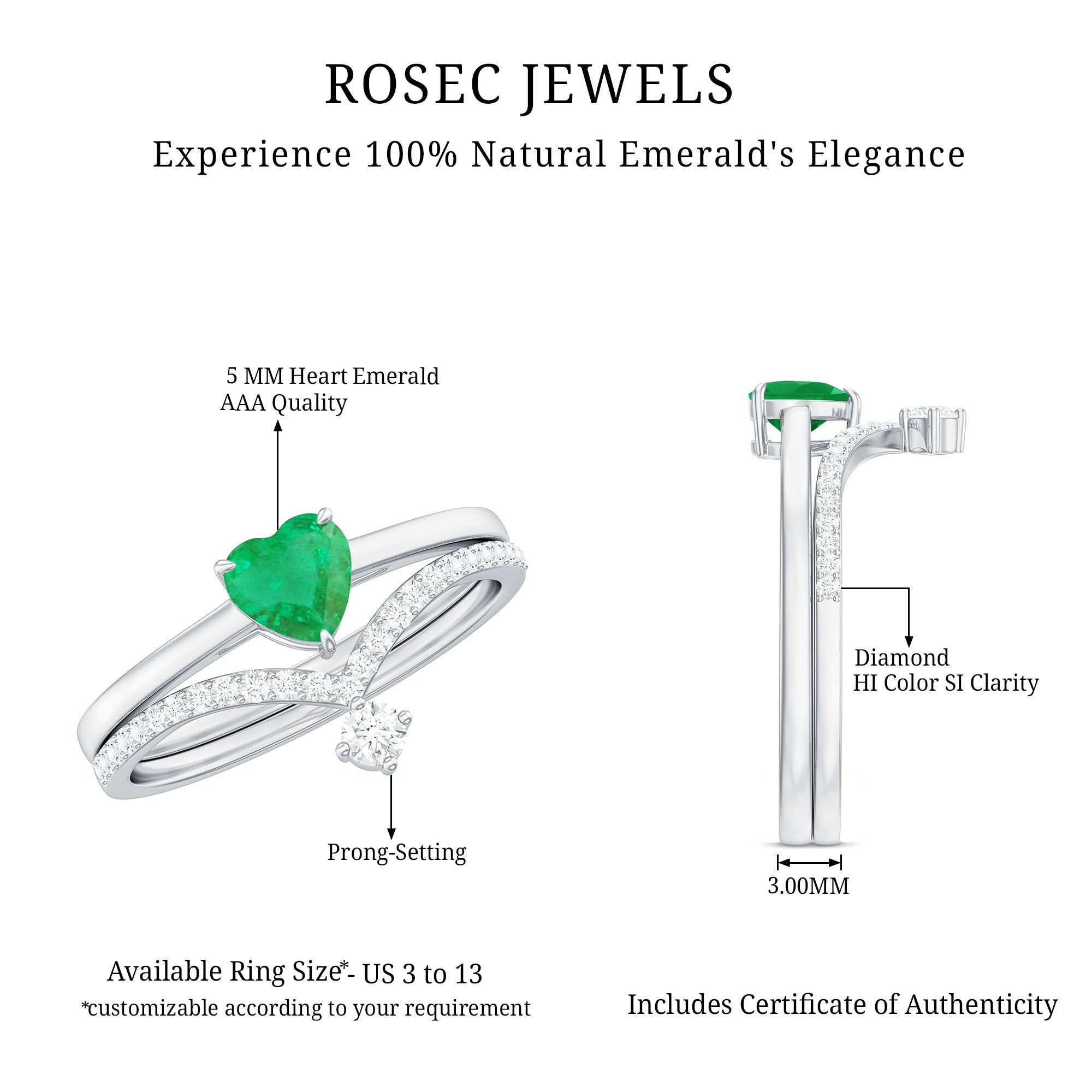 Certified Real Emerald Diamond Heart Wedding Ring Set AAA - Rosec Jewels