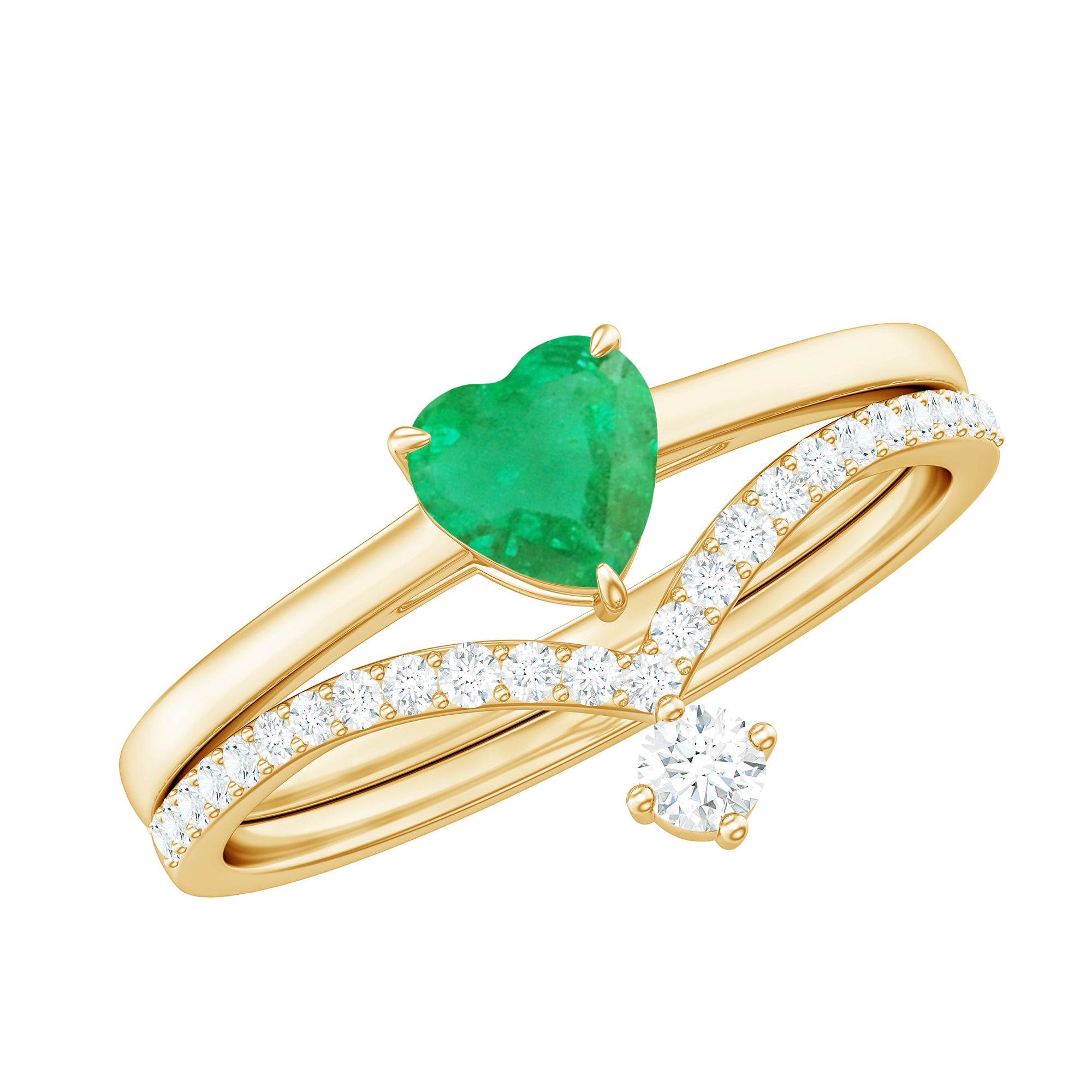 Certified Real Emerald Diamond Heart Wedding Ring Set AAA - Rosec Jewels