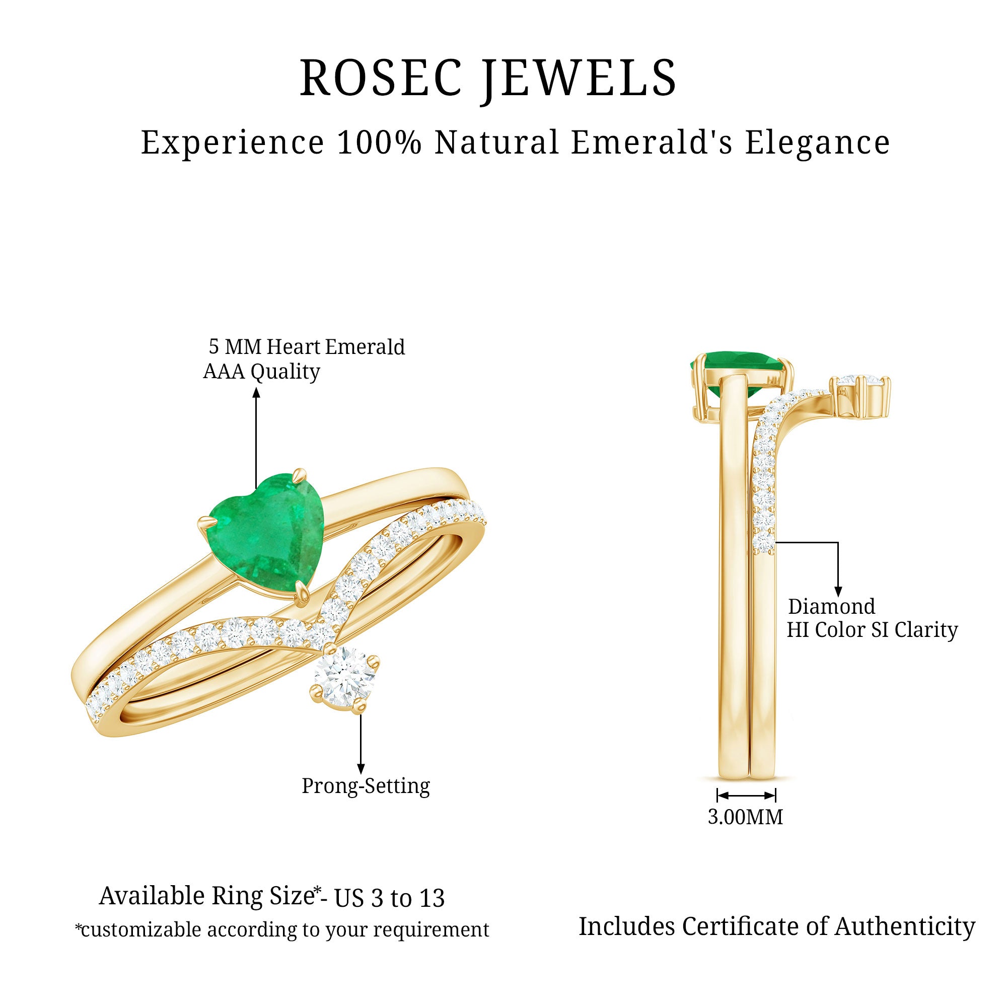 Certified Real Emerald Diamond Heart Wedding Ring Set AAA - Rosec Jewels