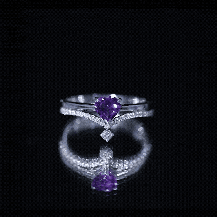 Certified Real Amethyst Heart Engagement Ring with Diamond Wedding Band AAA - Rosec Jewels