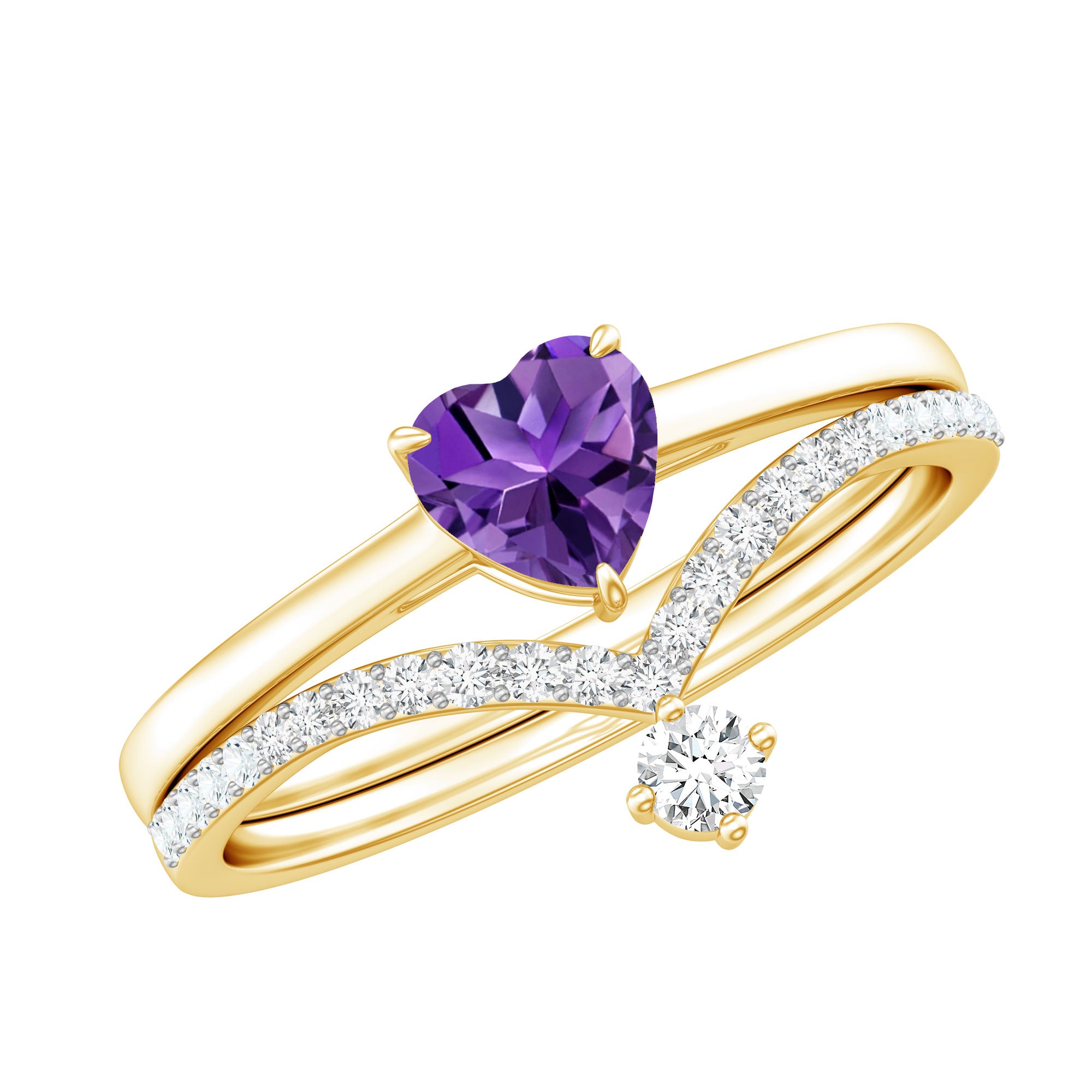 Certified Real Amethyst Heart Engagement Ring with Diamond Wedding Band AAA - Rosec Jewels
