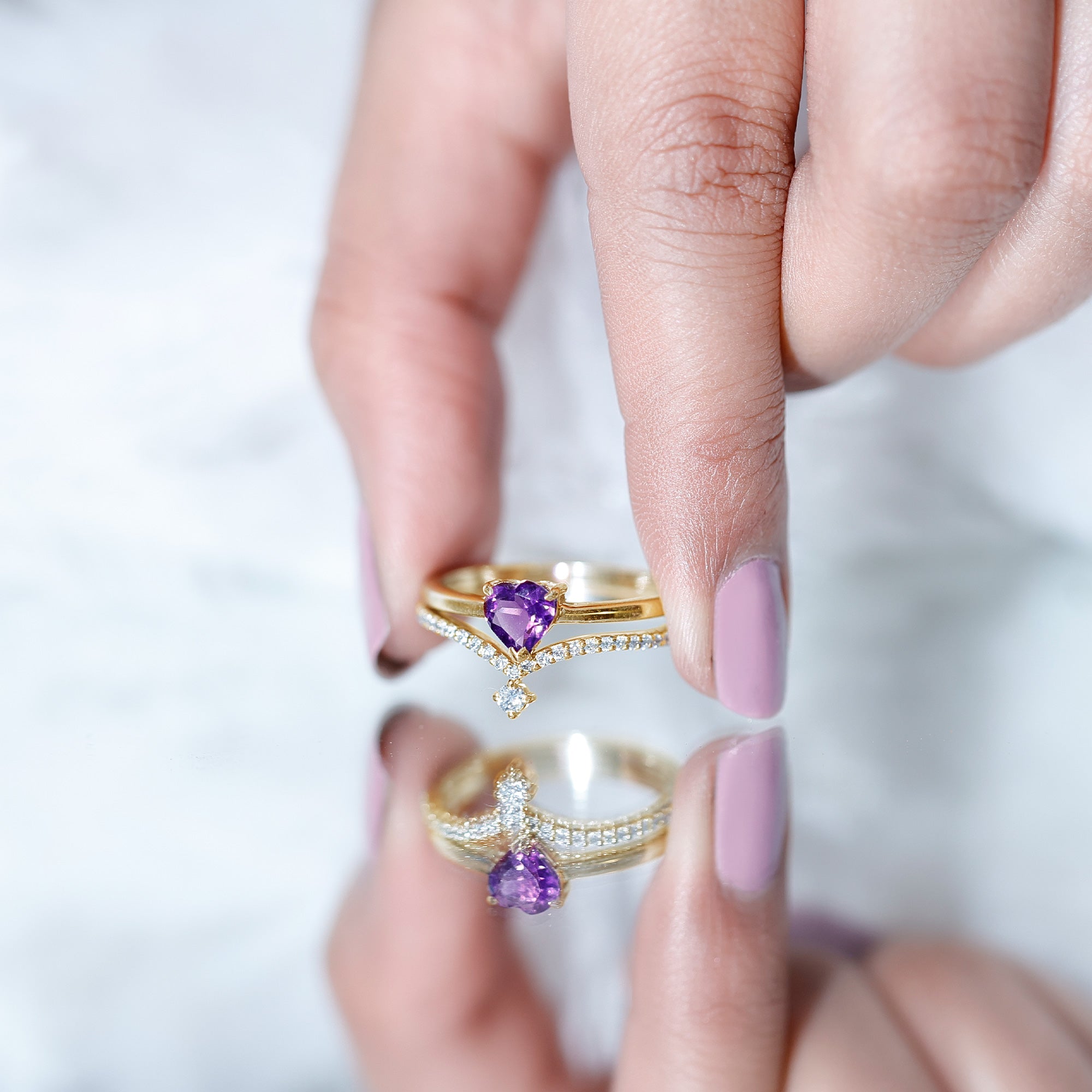 Certified Real Amethyst Heart Engagement Ring with Diamond Wedding Band AAA - Rosec Jewels