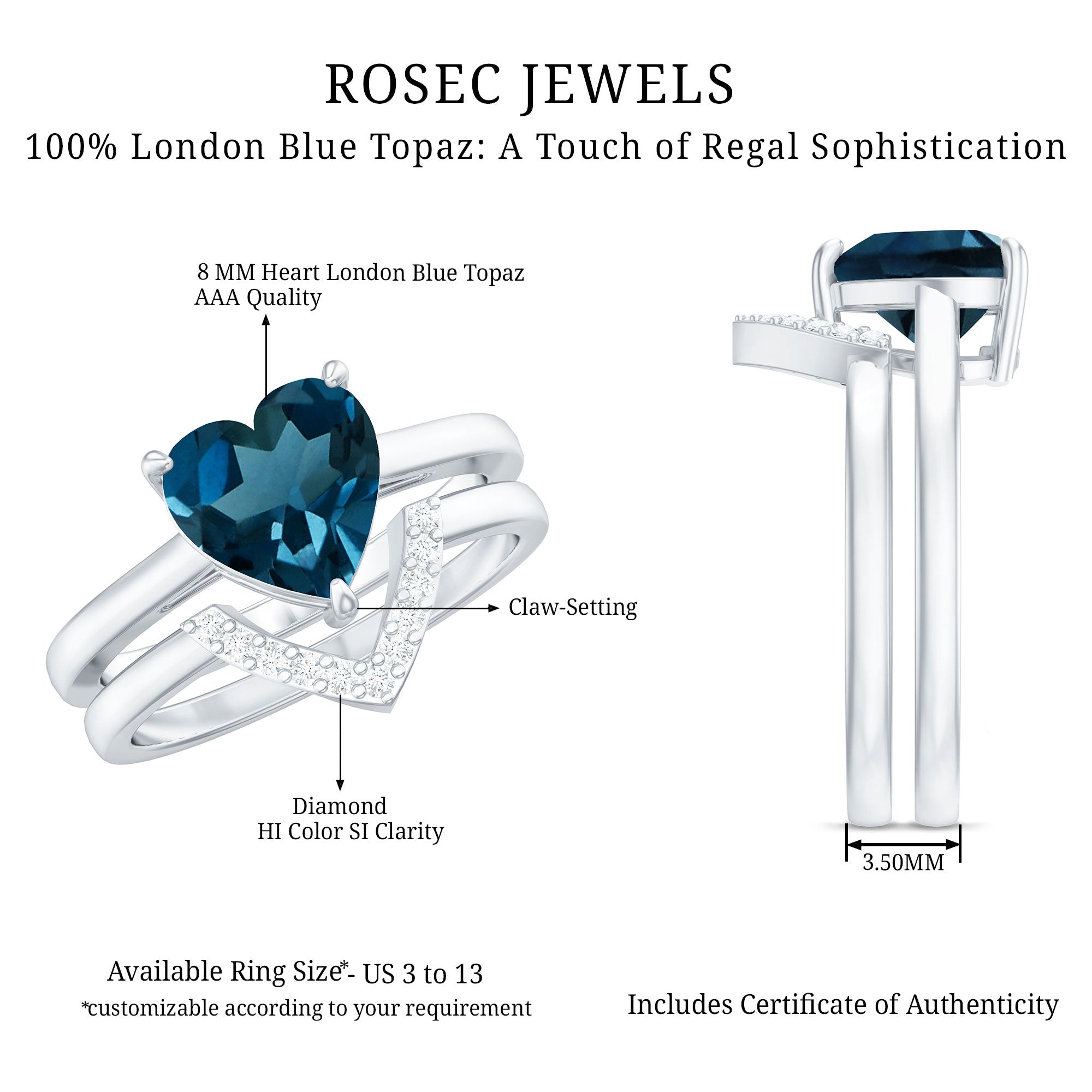 8mm London Blue Topaz Heart Ring Set with Diamond AAA - Rosec Jewels