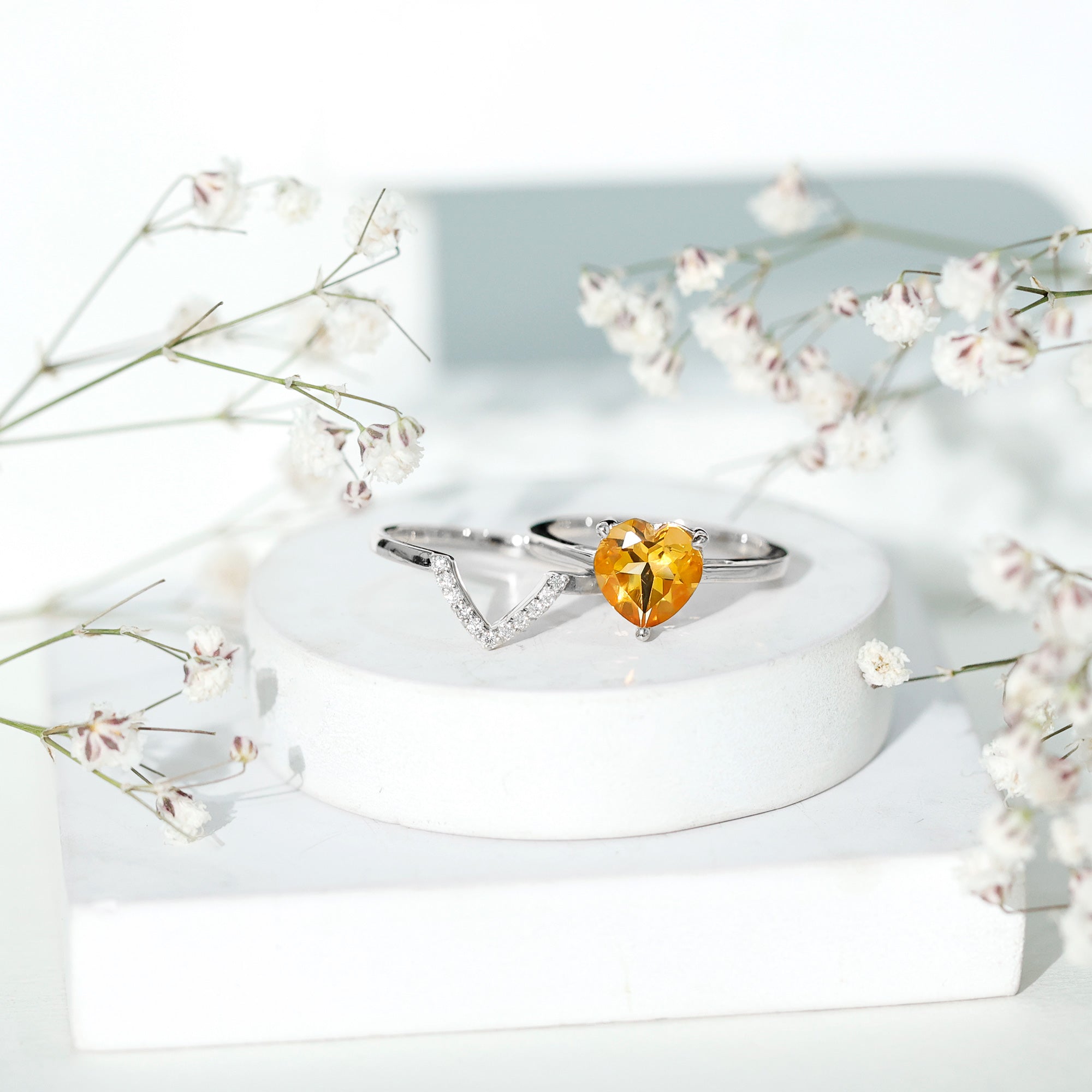 2 Carat Heart Shape Citrine and Diamond Bridal Ring Set AAA - Rosec Jewels