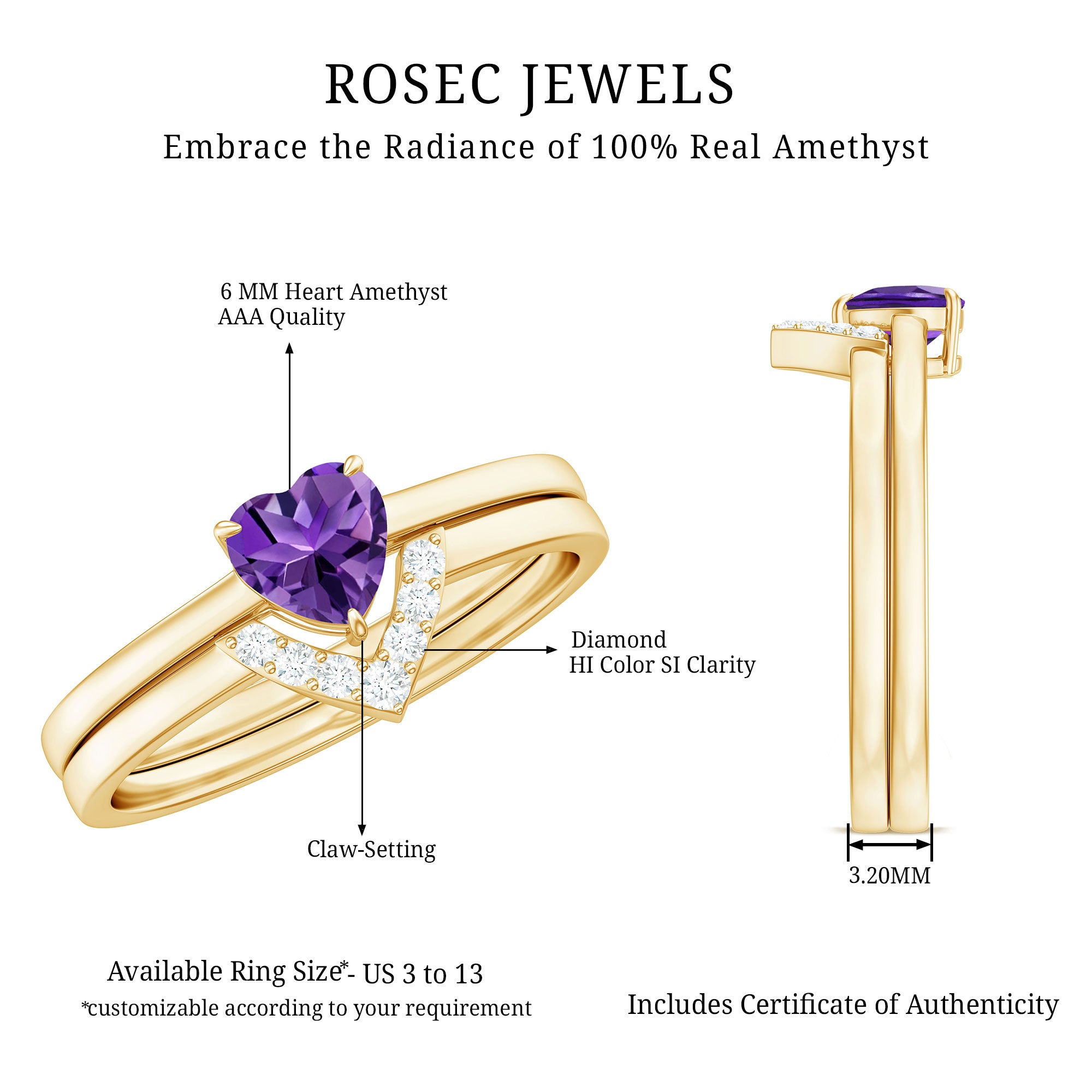 Natural Heart Shape Amethyst Engagement Ring Set with Diamond AAA - Rosec Jewels