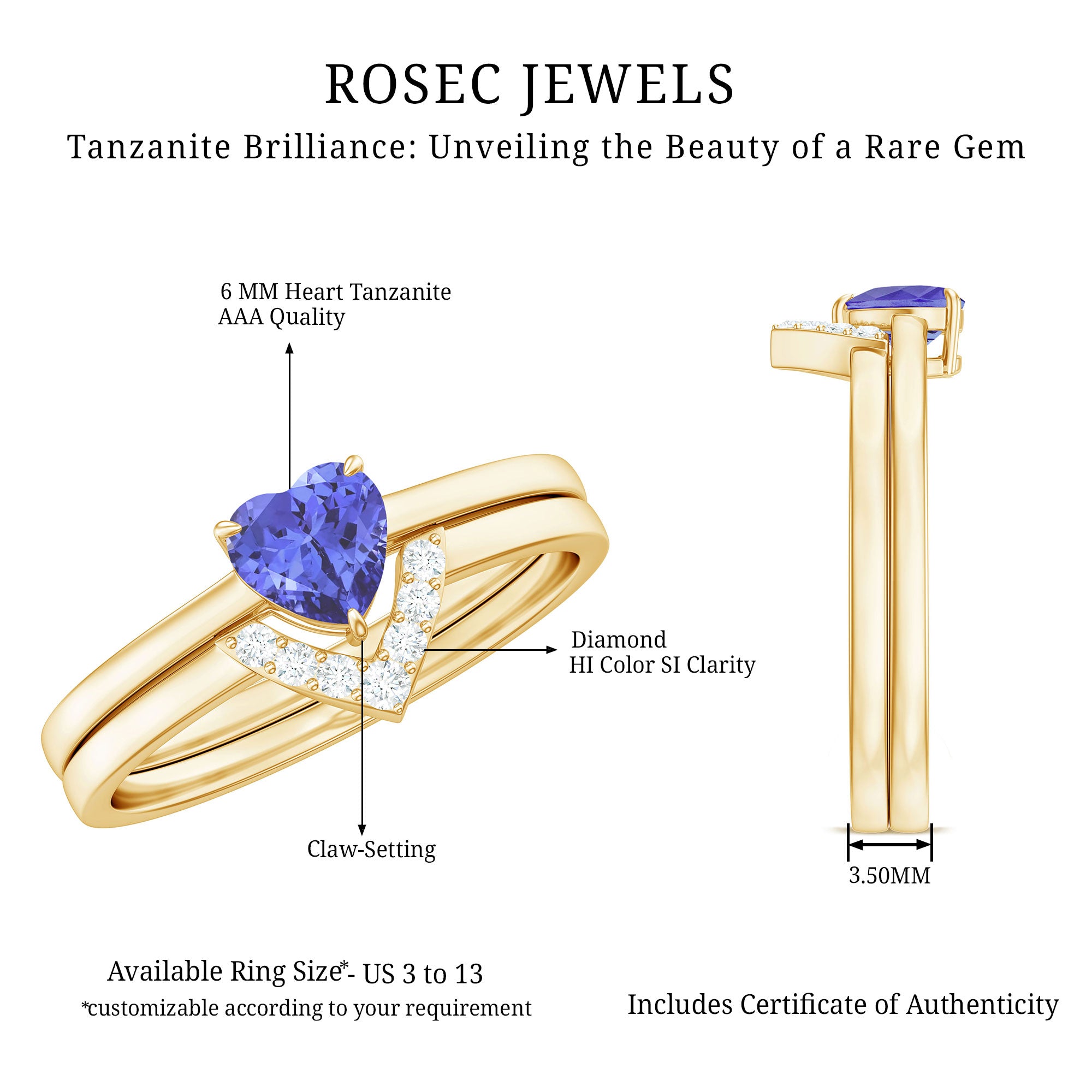 Rosec Jewels-Natural Heart Shape Tanzanite Diamond Wedding Engagement Ring Set