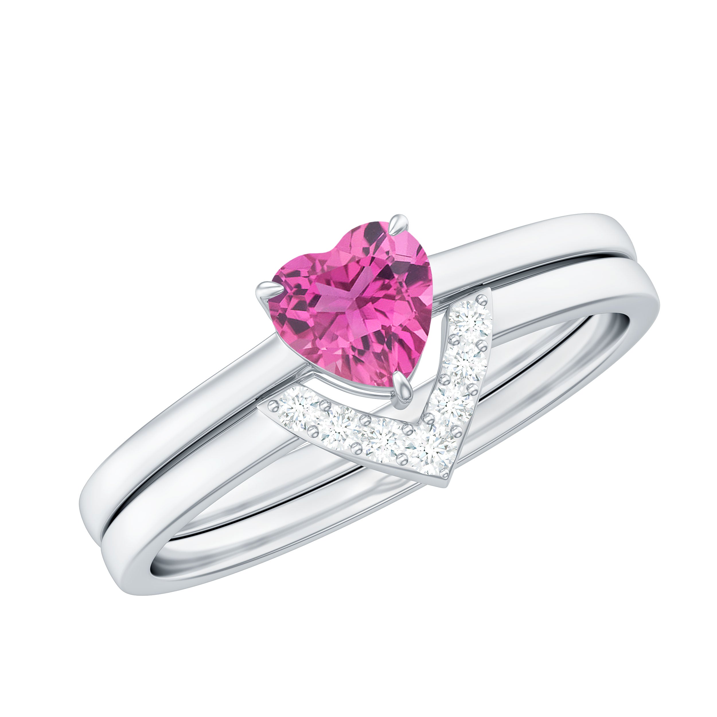 Pink Tourmaline Heart Ring Set with Diamond AAA - Rosec Jewels