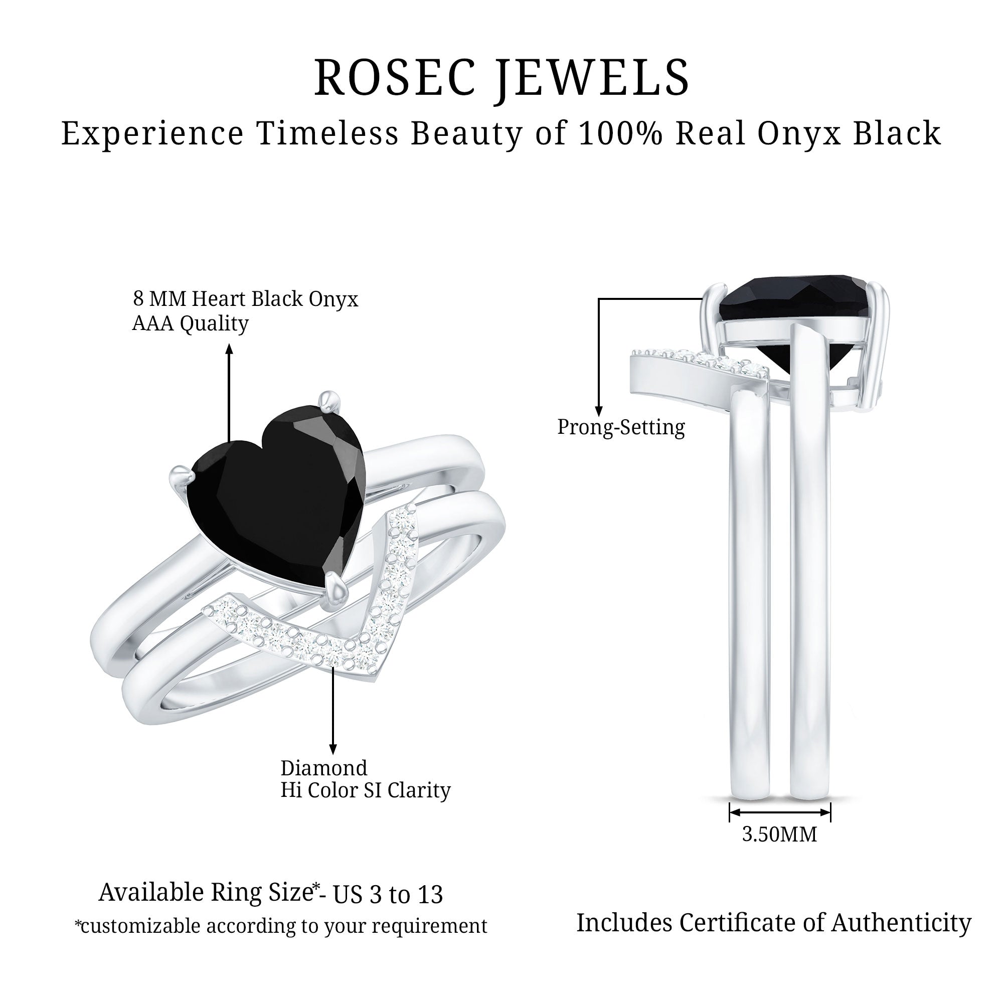 Heart Shaped Black Onyx Engagement Ring with Diamond Enhancer AAA - Rosec Jewels