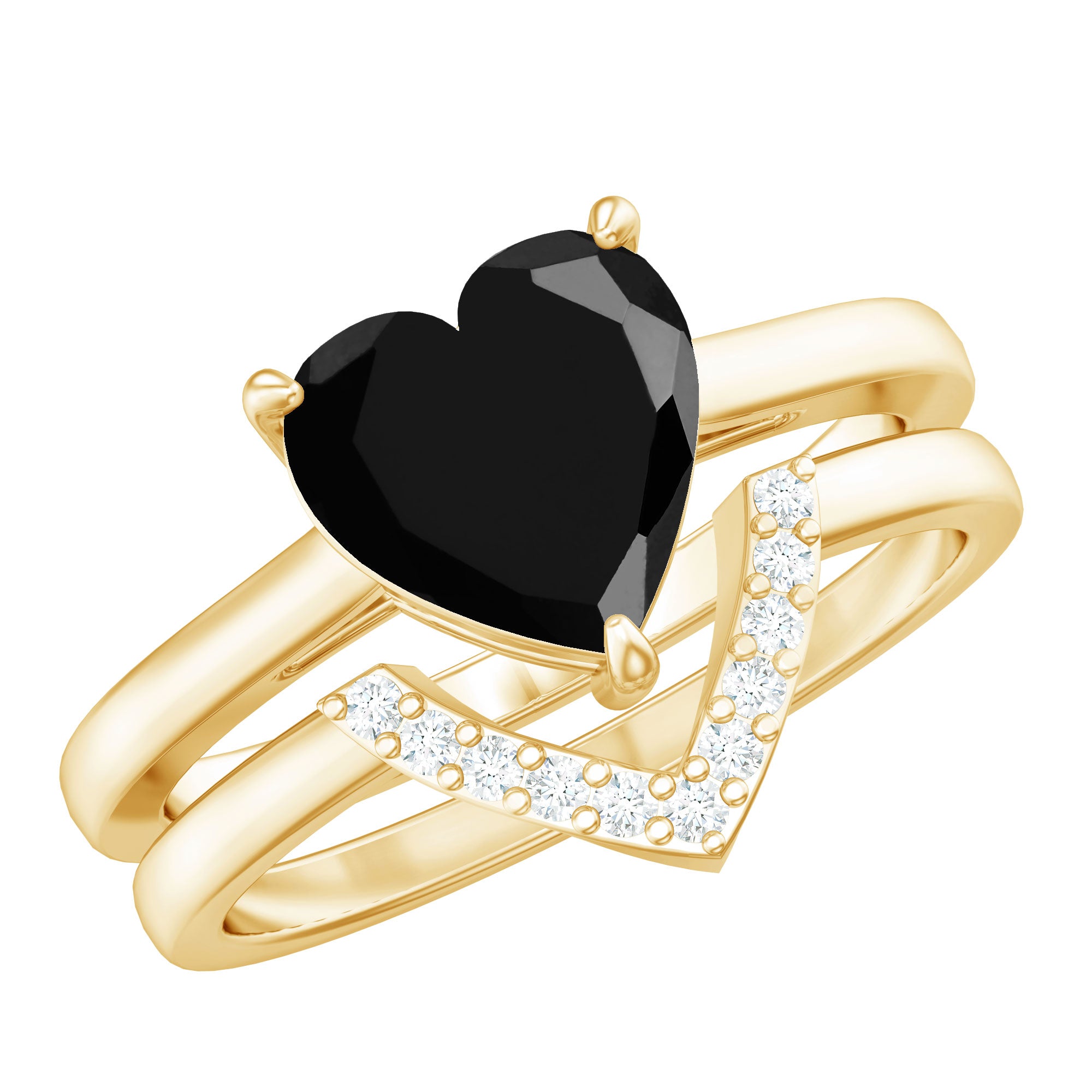 Heart Shaped Black Onyx Engagement Ring with Diamond Enhancer AAA - Rosec Jewels