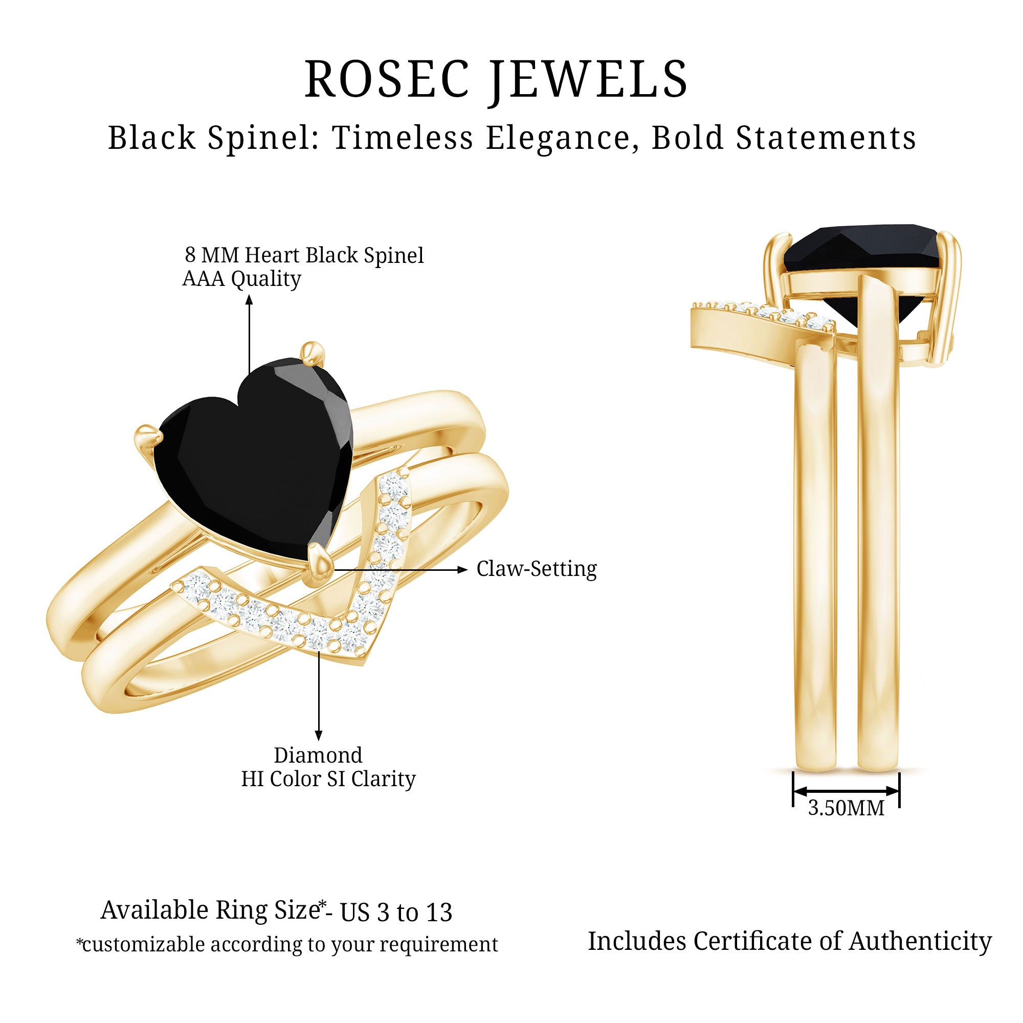 Natural Black Spinel Diamond 2 Carat Heart Engagement and Wedding Ring Set of 2 AAA - Rosec Jewels