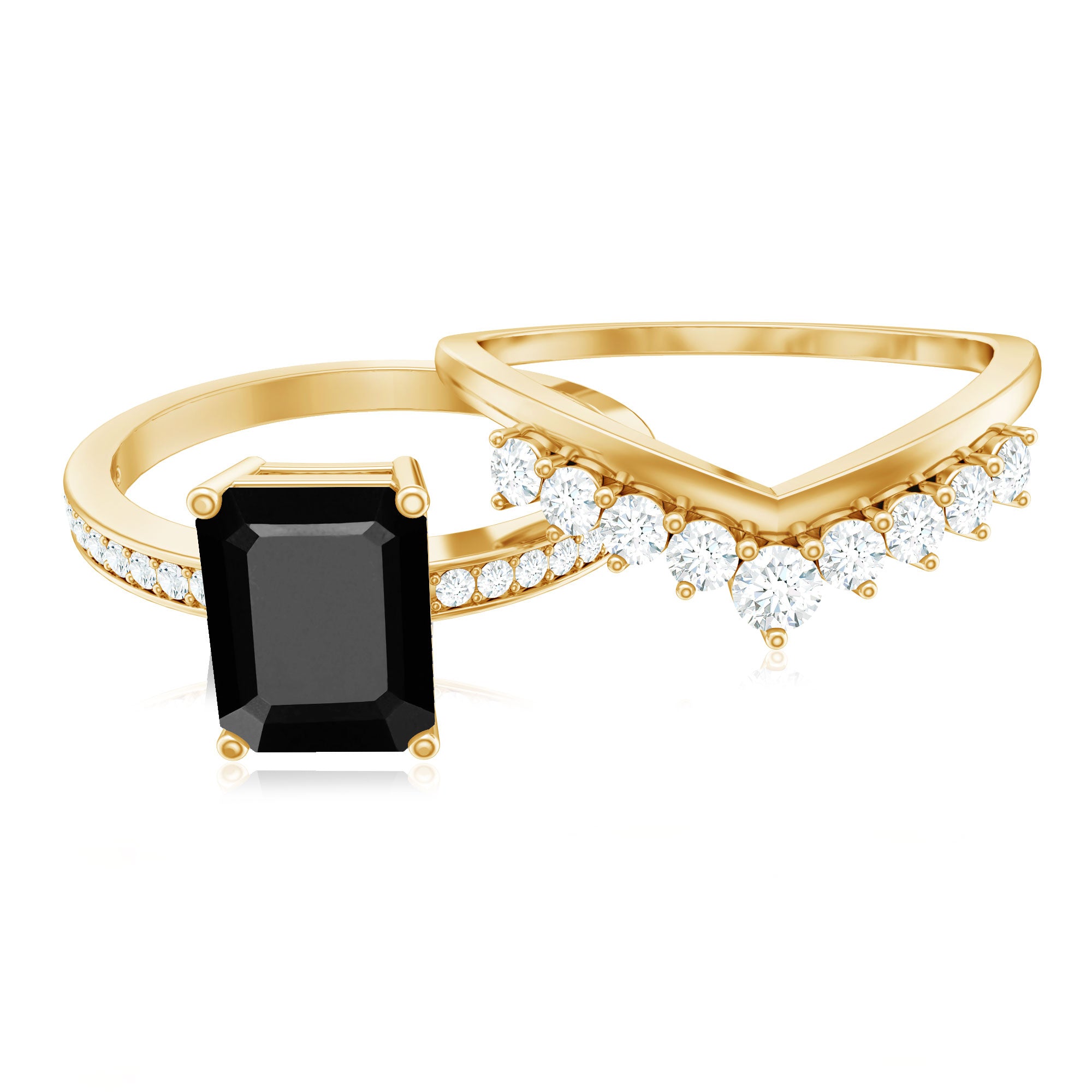 Emerald Cut Created Black Diamond and Diamond Engagement Ring Set AAAA ( Synthetic ) - Rosec Jewels