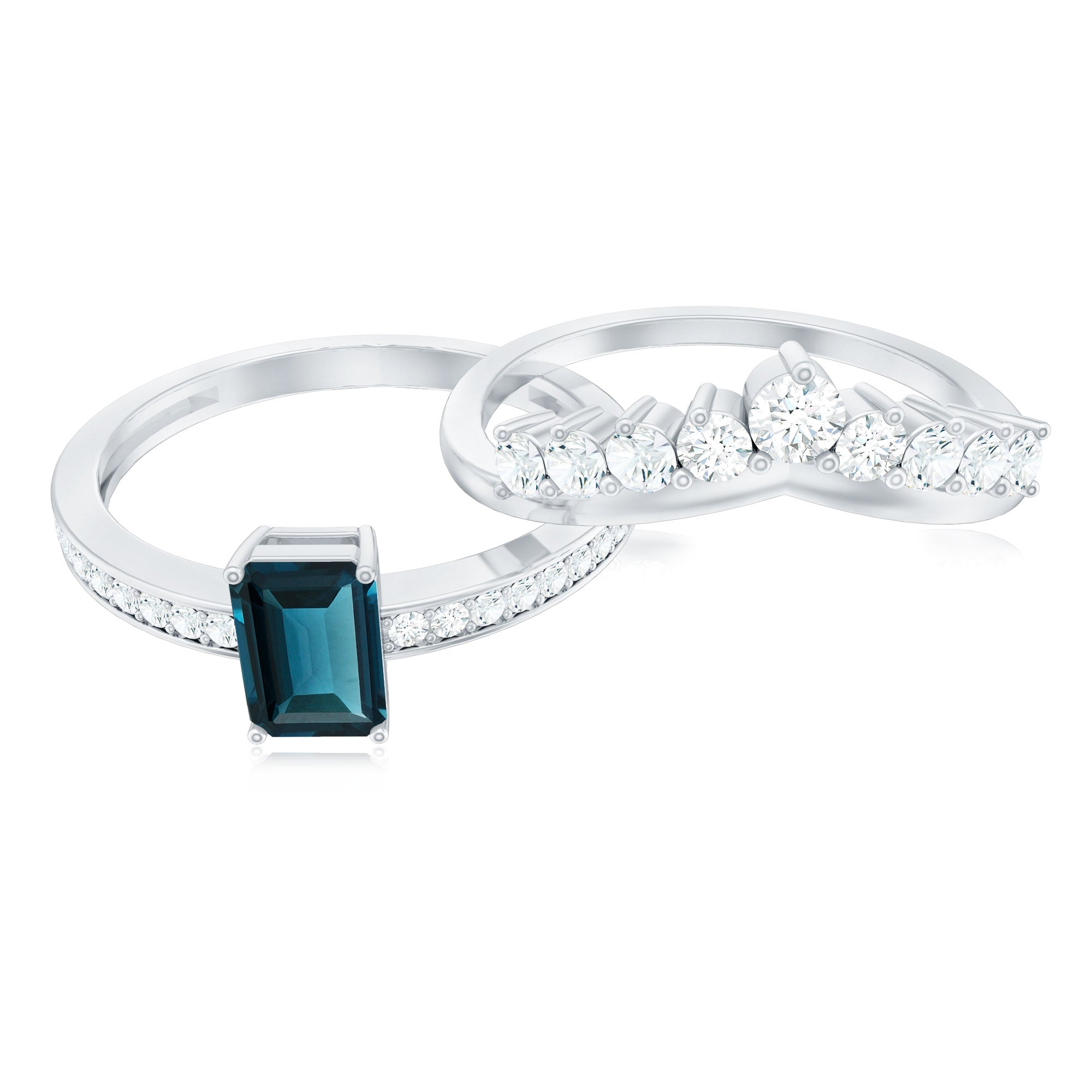 London Blue Topaz Engagement Ring with Diamond Wedding Band AAA - Rosec Jewels