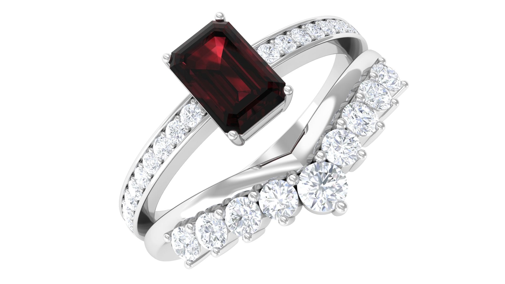 Natural Garnet Emerald Cut Engagement Ring With Diamond Wedding Band