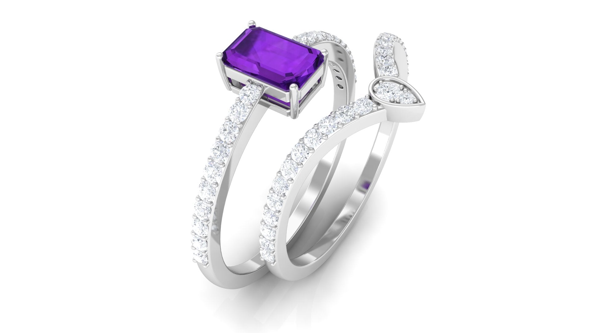 Natural 1.4 Carat Emerald Cut Amethyst Diamond Wedding Ring Set AAA - Rosec Jewels