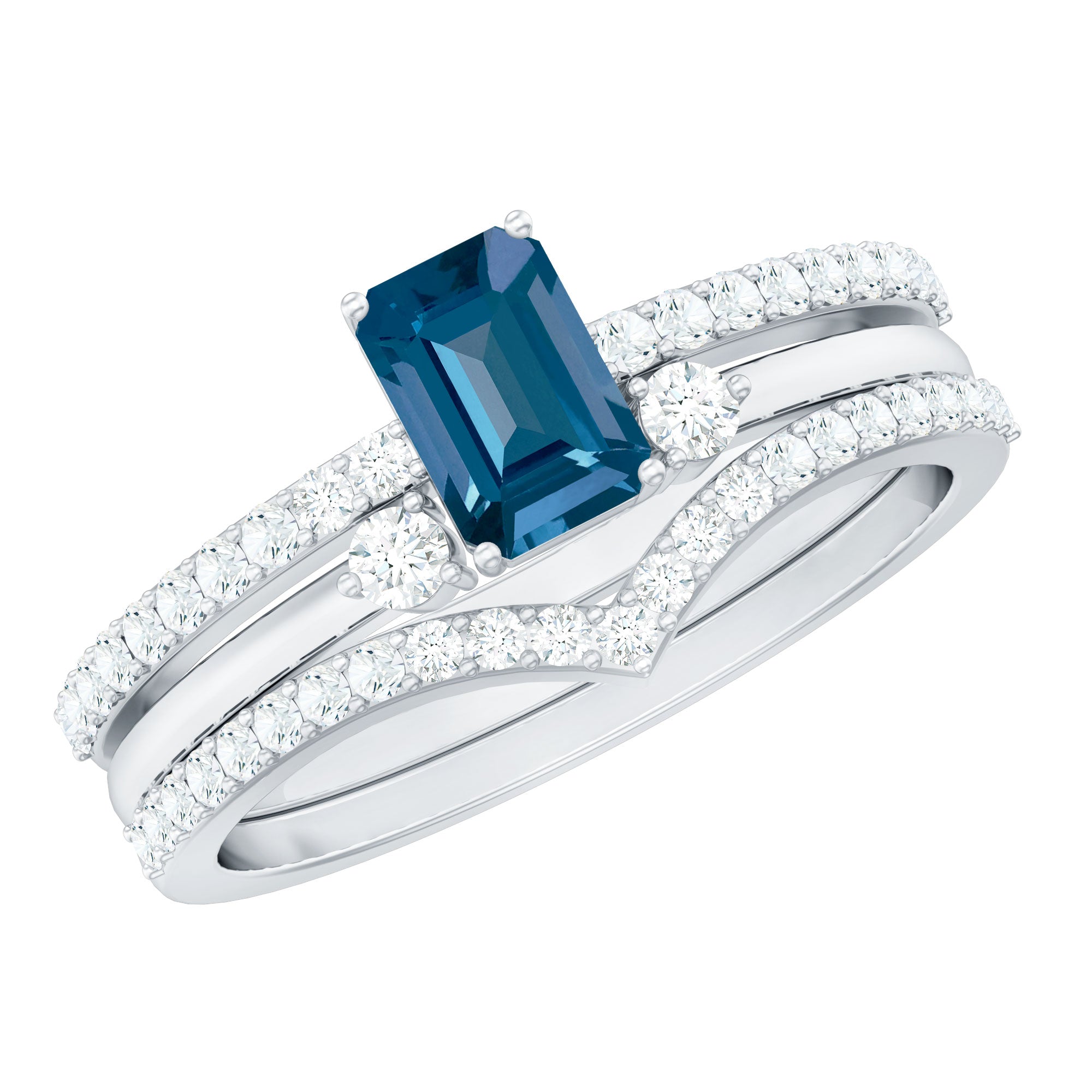 4X6mm Emerald Cut London Blue Topaz Curved Wedding Ring Set with Certificate AAA - Rosec Jewels