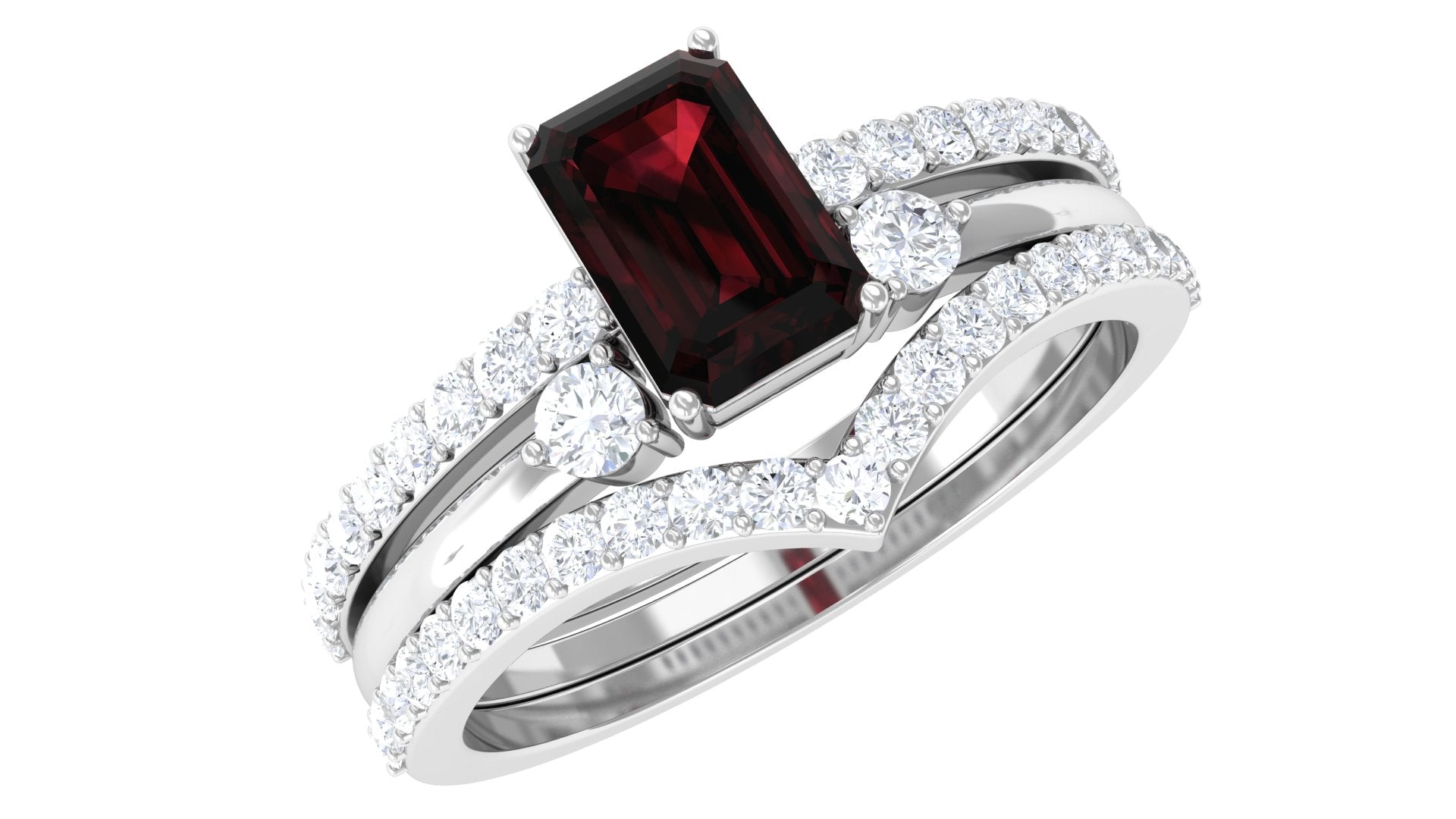Natural Emerald Cut Garnet Diamond Wedding Bridal Ring Set of 3