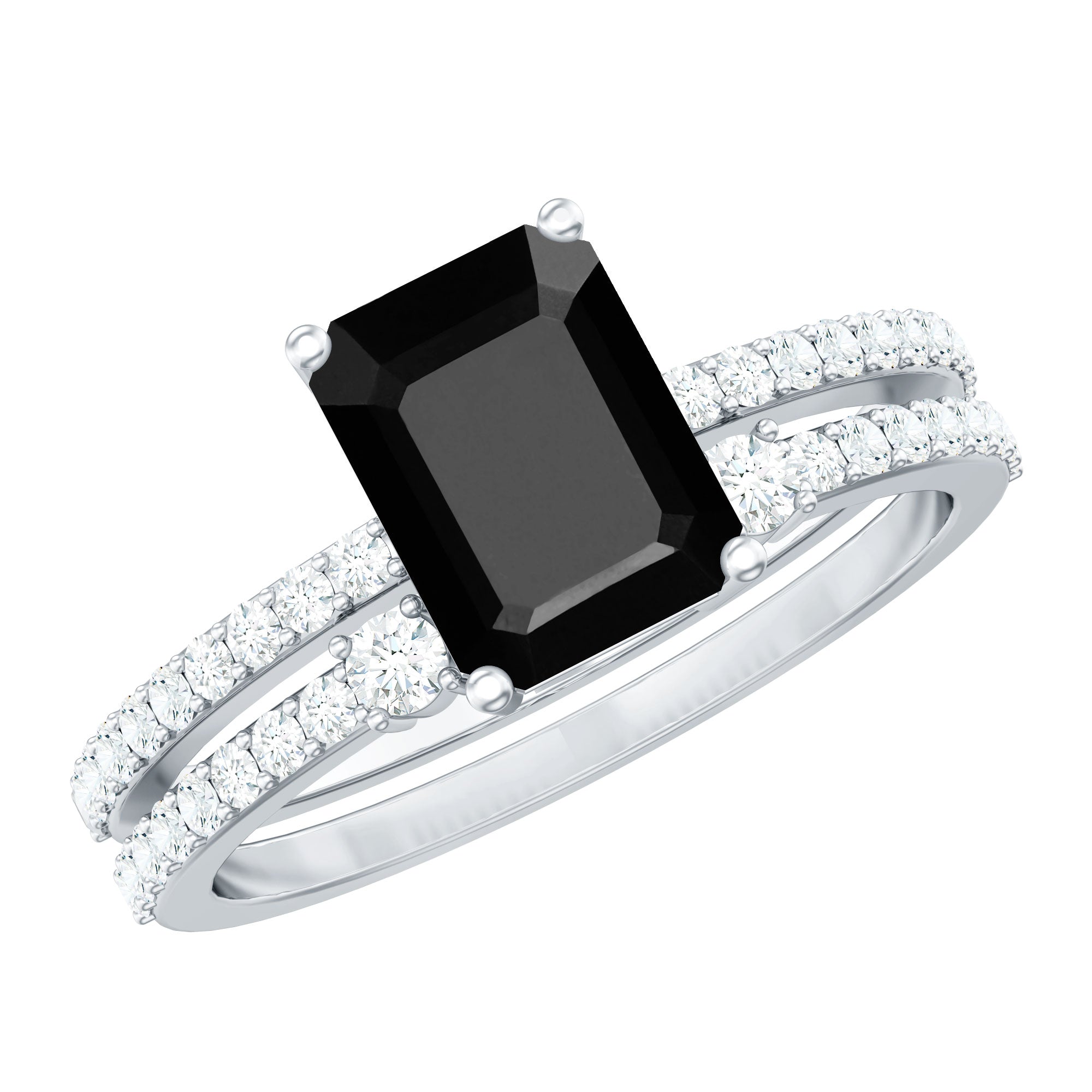 Emerald Cut Created Black Diamond Engagement Ring Set with Diamond