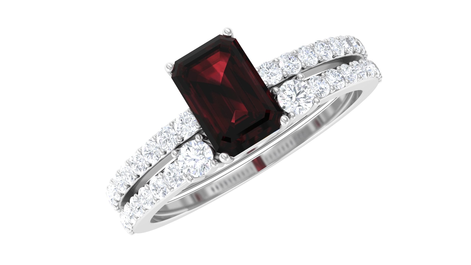 Certified Real Garnet Diamond Emerald Cut Engagement Ring with Wedding Band Cuff AAA - Rosec Jewels