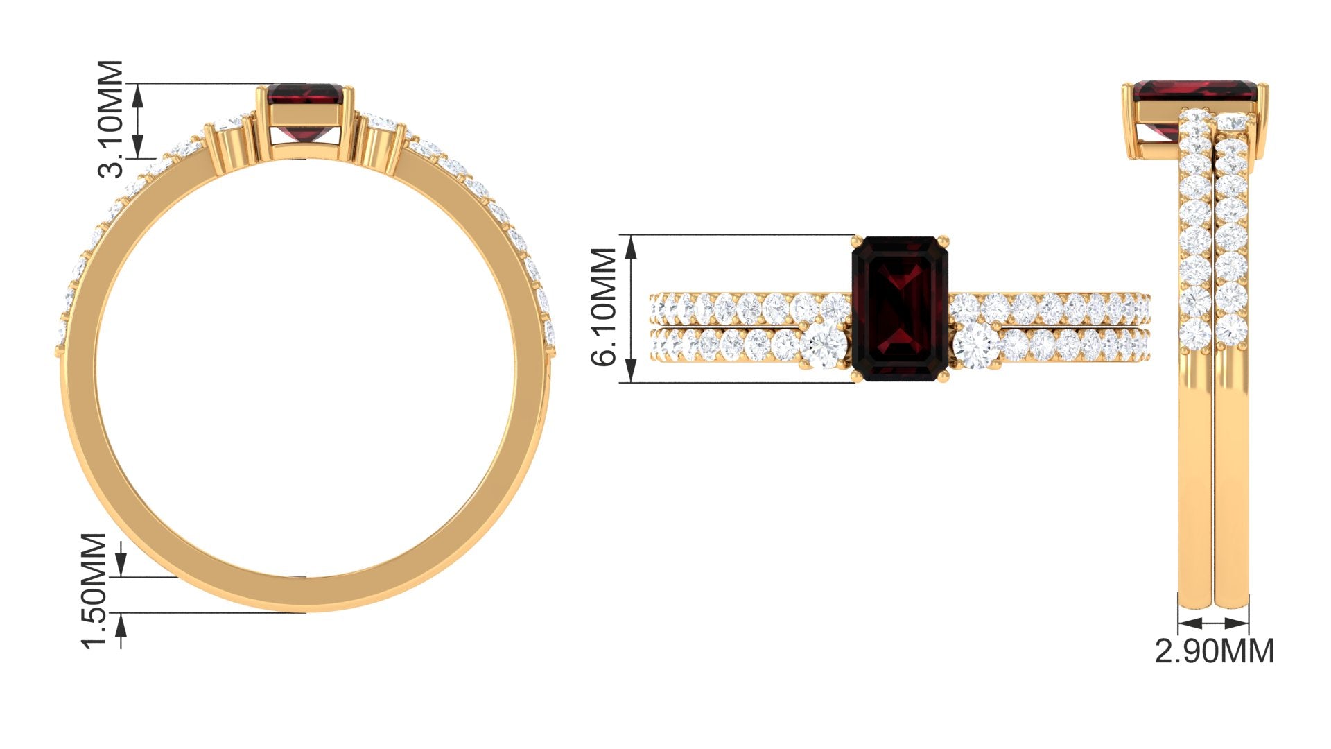 Certified Real Garnet Diamond Emerald Cut Engagement Ring with Wedding Band Cuff AAA - Rosec Jewels