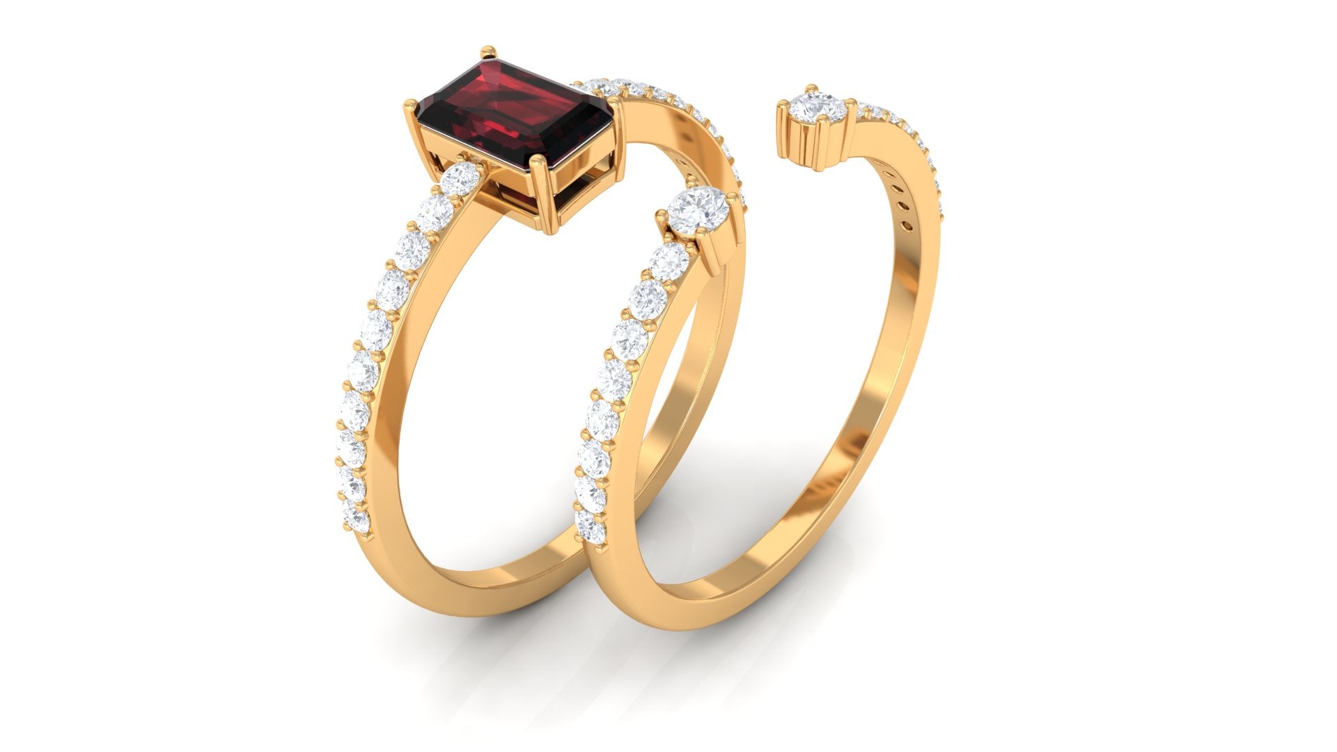 Certified Real Garnet Diamond Emerald Cut Engagement Ring with Wedding Band Cuff AAA - Rosec Jewels