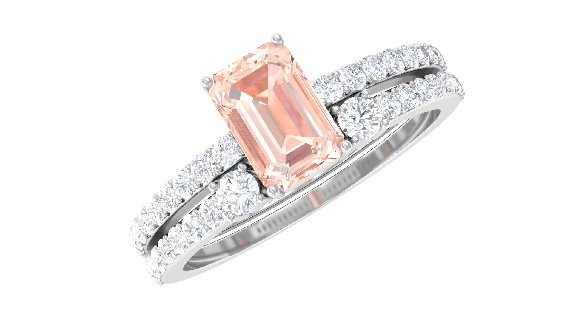 Emerald Cut Morganite and Diamond Solitaire Ring Set
