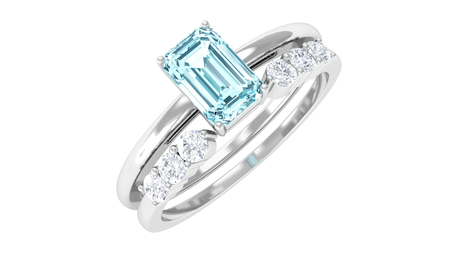 Solitaire 4X6MM Aquamarine and Diamond Emerald Cut Stackable Ring Set AAA - Rosec Jewels