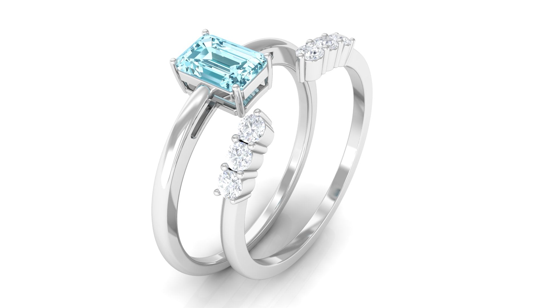 Solitaire 4X6MM Aquamarine and Diamond Emerald Cut Stackable Ring Set AAA - Rosec Jewels