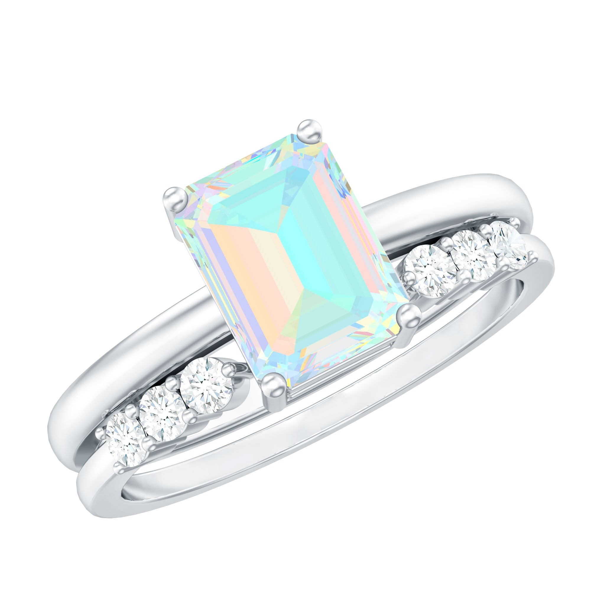 6x8mm Emerald Cut Ethiopian Opal Solitaire Ring Set with Diamond Enhancer