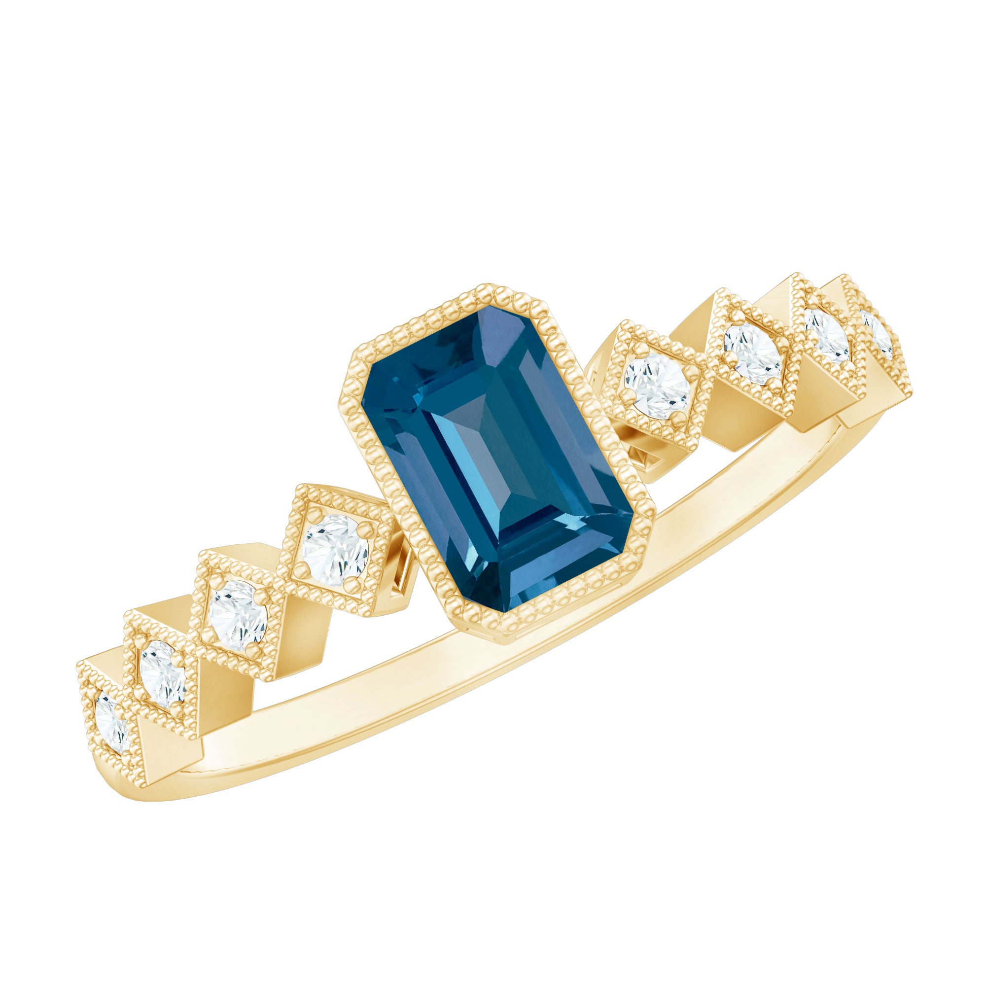 4X6mm Emerald Cut London Blue Topaz Engagement Ring with Beaded Details AAA - Rosec Jewels