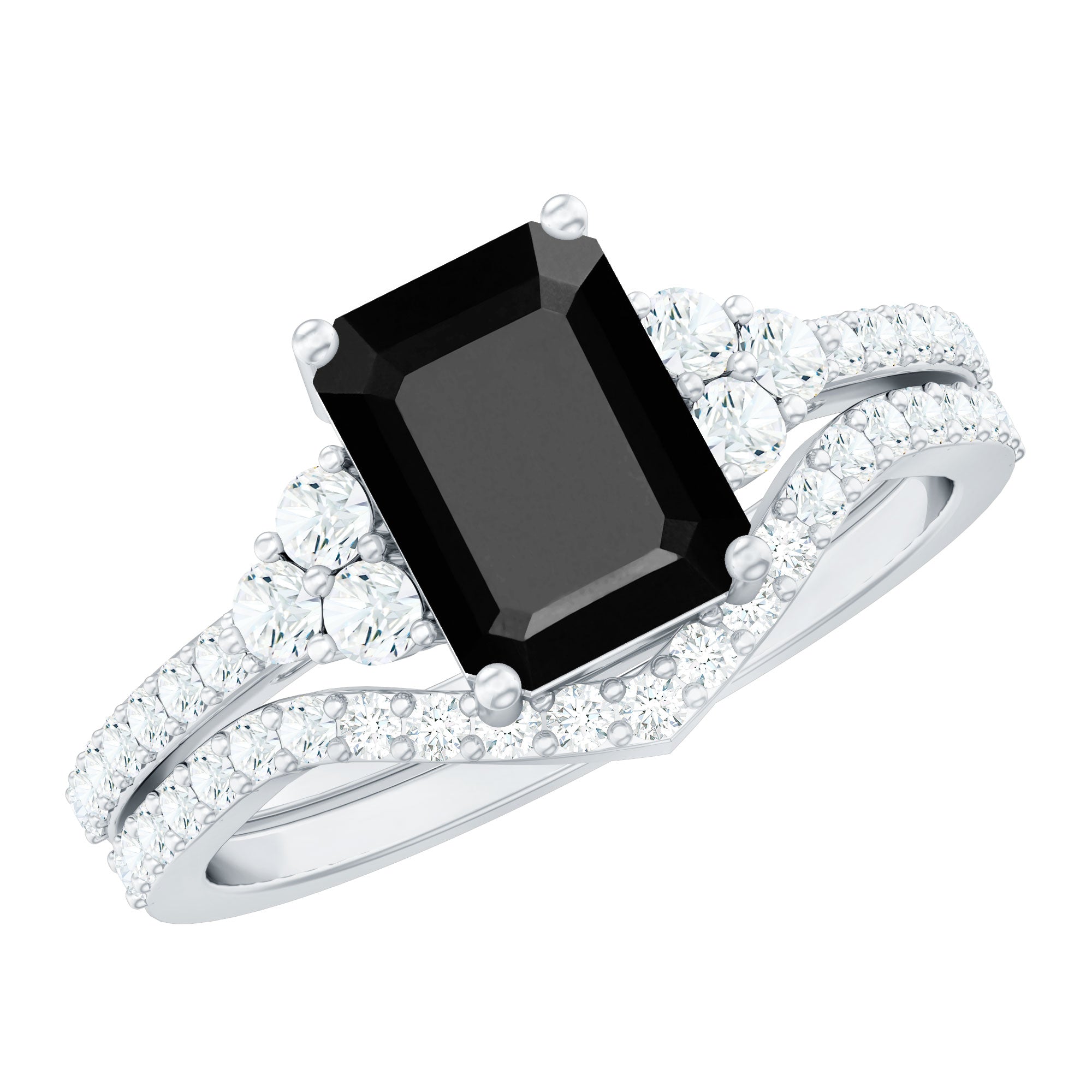 Certified 1.6 Carat Emerald Cut Lab Grown Black and White Diamond Wedding Ring Set AAAA ( Synthetic ) - Rosec Jewels