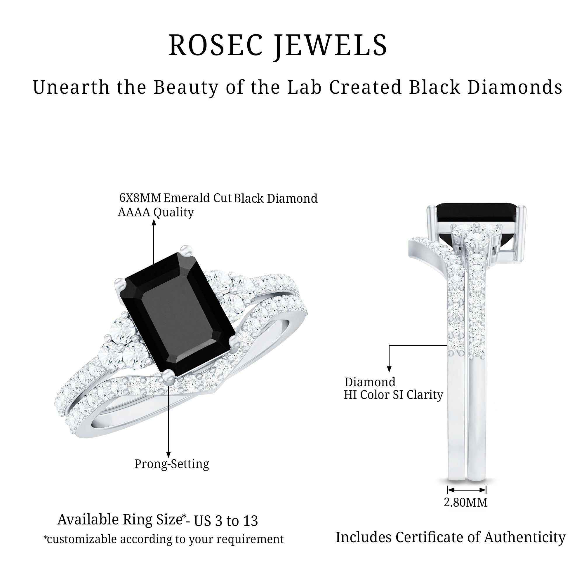 Certified 1.6 Carat Emerald Cut Lab Grown Black and White Diamond Wedding Ring Set AAAA ( Synthetic ) - Rosec Jewels