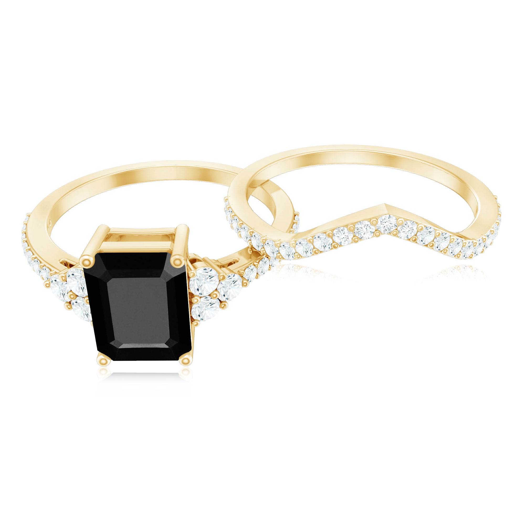Certified 1.6 Carat Emerald Cut Lab Grown Black and White Diamond Wedding Ring Set AAAA ( Synthetic ) - Rosec Jewels