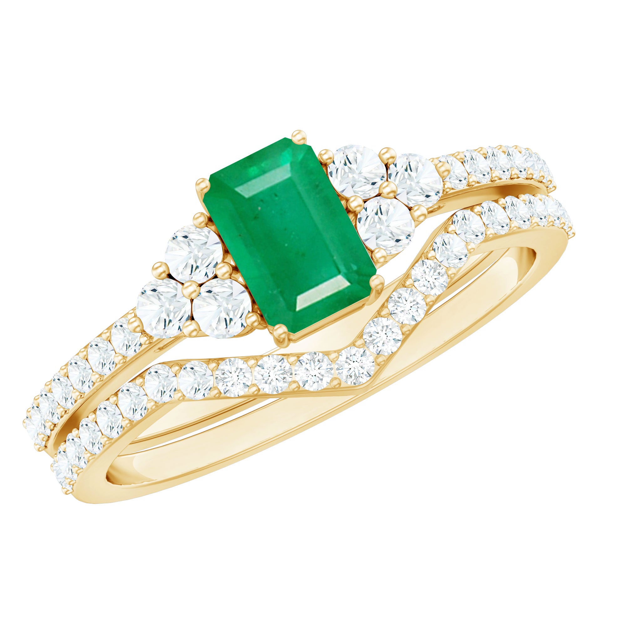 Genuine Emerald Cut Emerald Diamond Bridal Ring Set of 2 AAA - Rosec Jewels