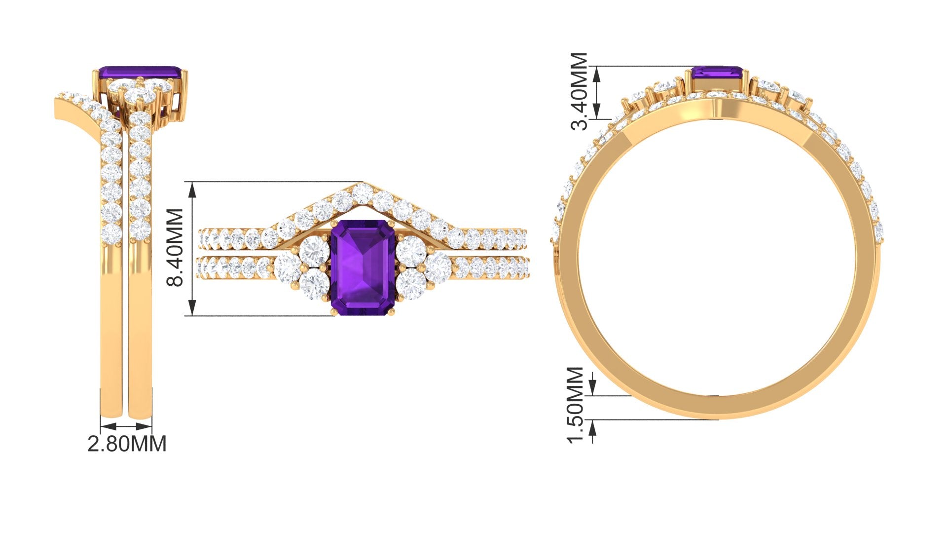 Genuine 1.4 Carat Emerald Cut Amethyst Wedding Ring Set with Diamond AAA - Rosec Jewels