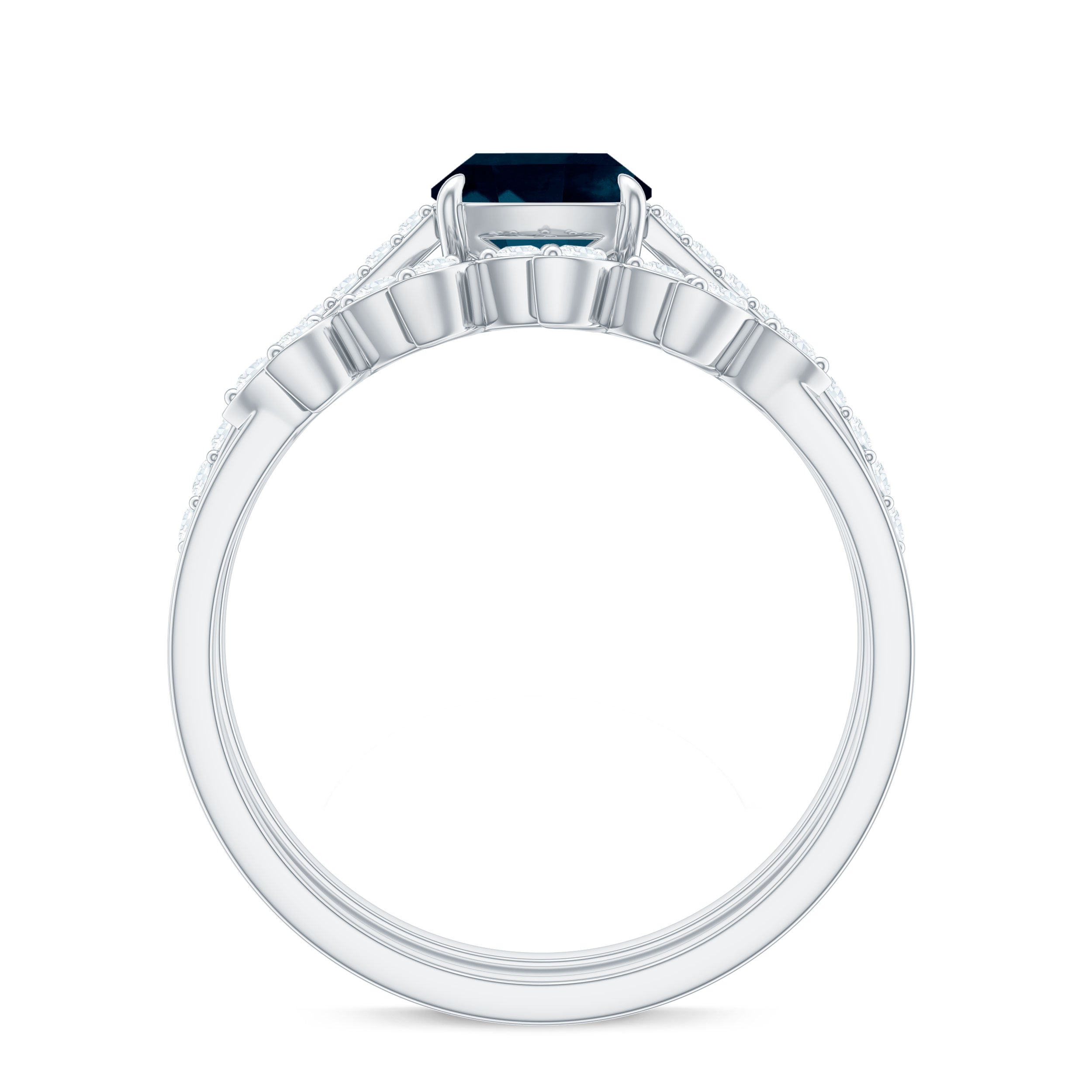 8mm Cushion Cut London Blue Topaz and Diamond Engagement Ring with Wedding Band AAA - Rosec Jewels