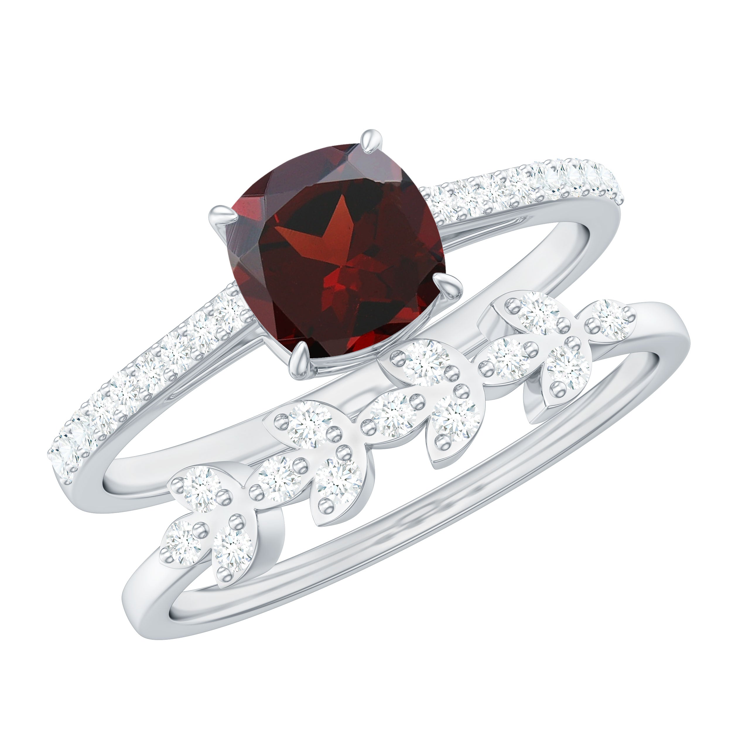 Natural Cushion Cut Garnet Diamond Wedding Bridal Ring Set of 2